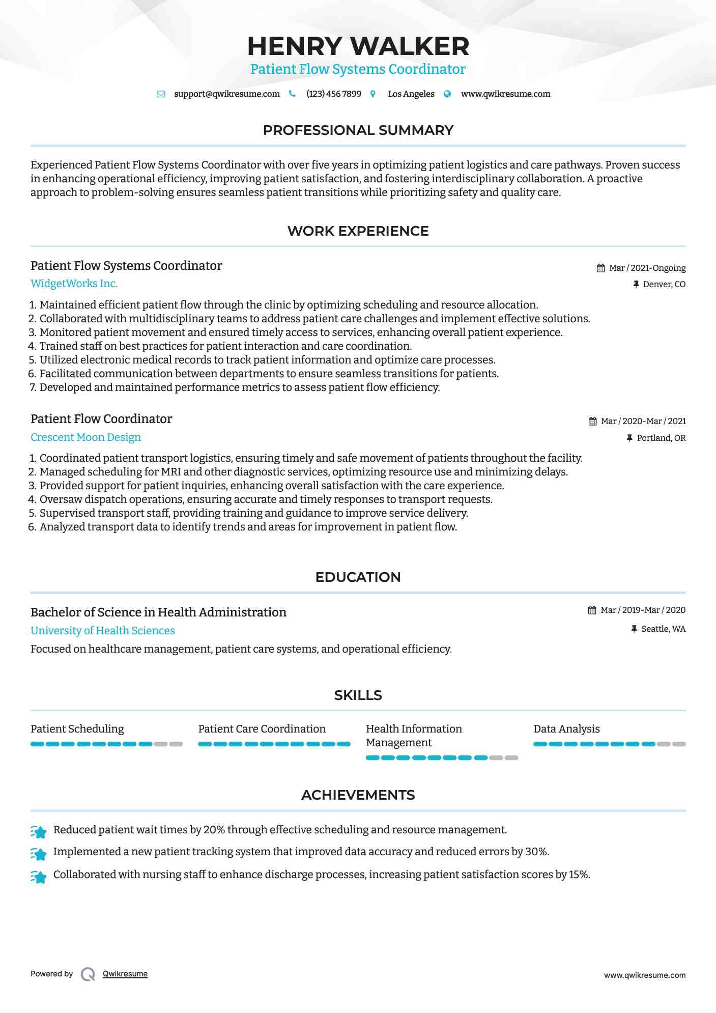 Patient Flow Systems Coordinator Resume Format