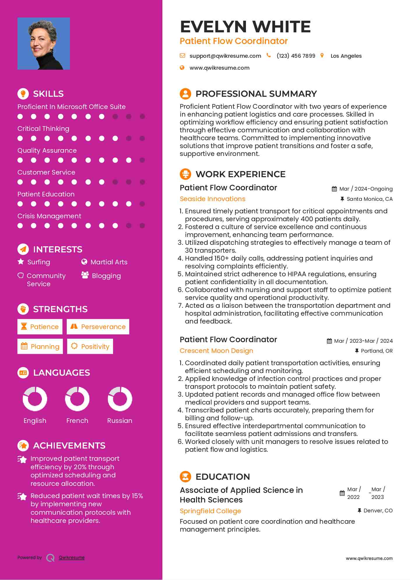 Patient Flow Coordinator Resume Sample
