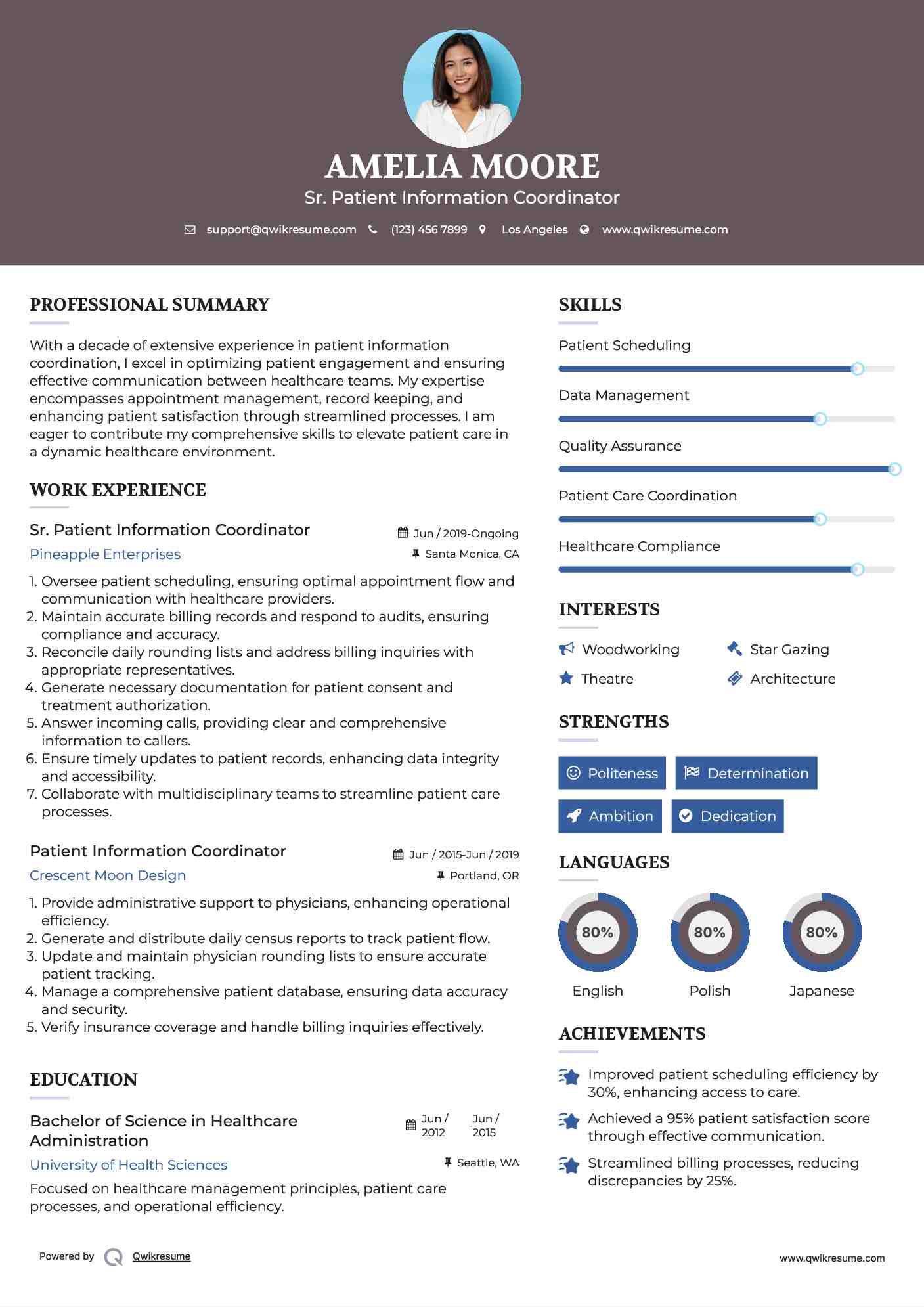 Sr. Patient Information Coordinator Resume Sample