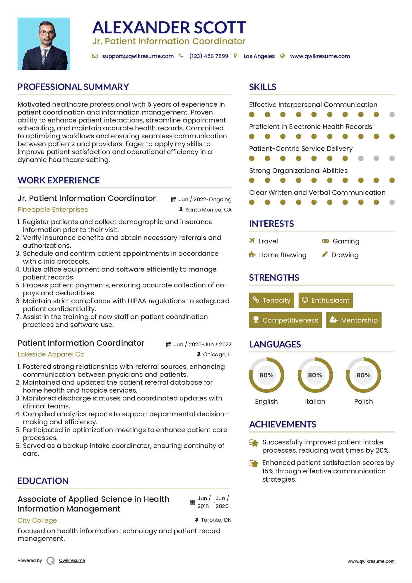 Jr. Patient Information Coordinator Resume Sample