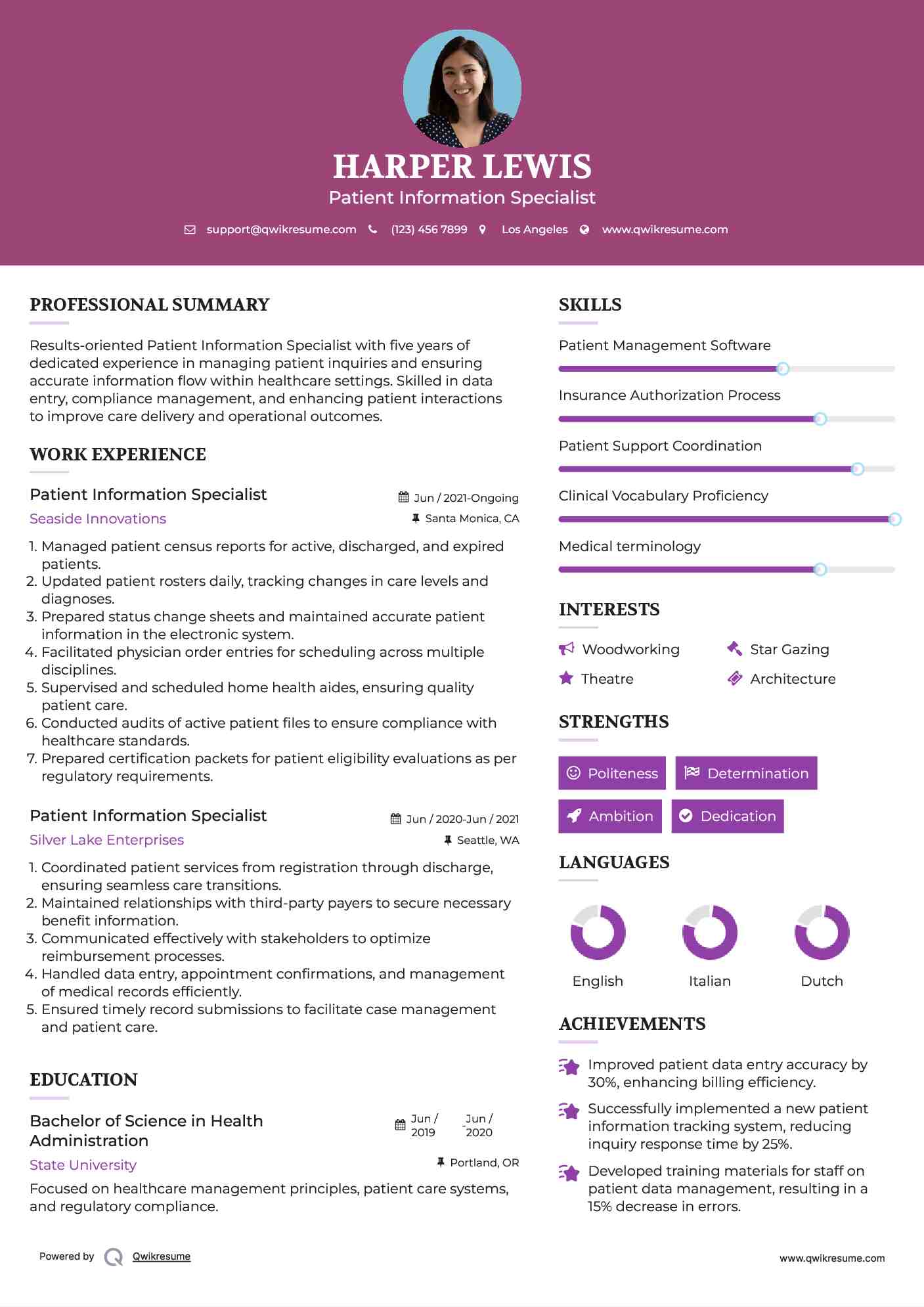 Patient Information Specialist Resume Sample