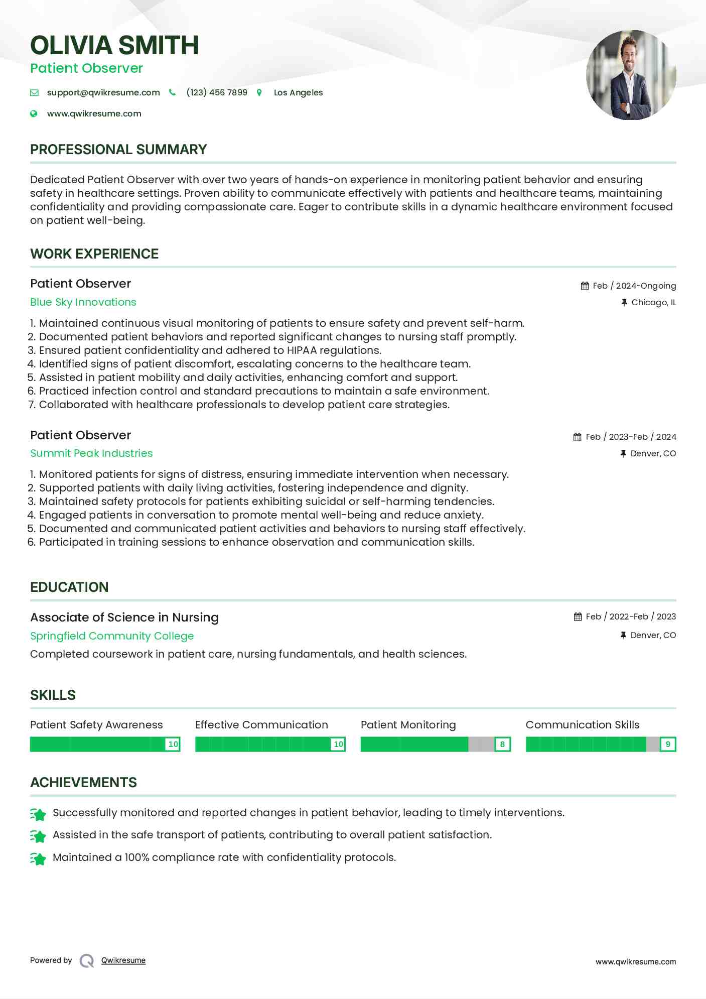 Patient Observer Resume Example