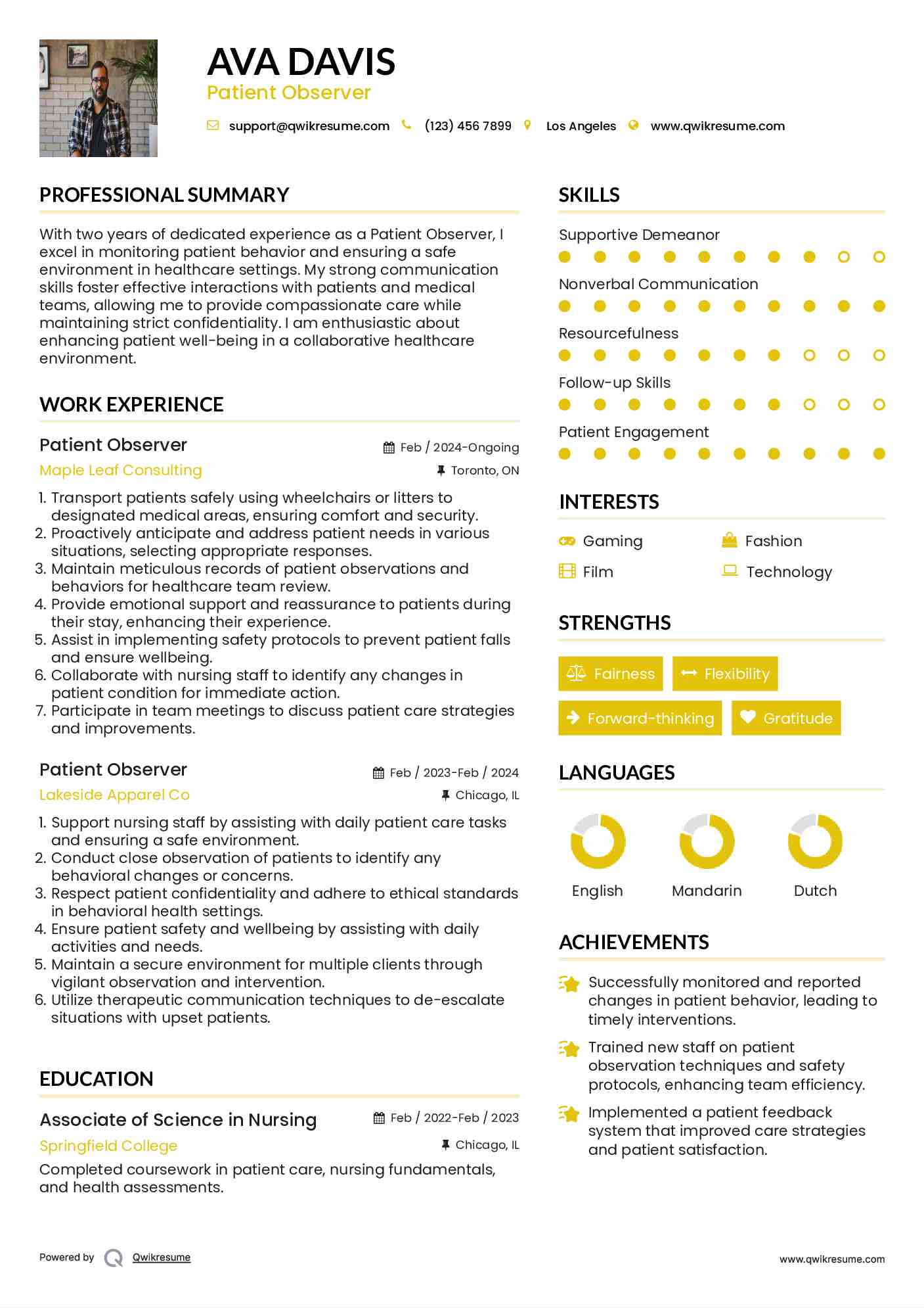Patient Observer Resume Model