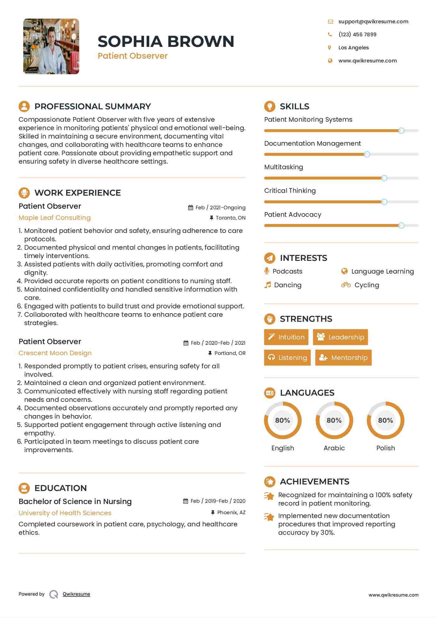 Patient Observer Resume Sample