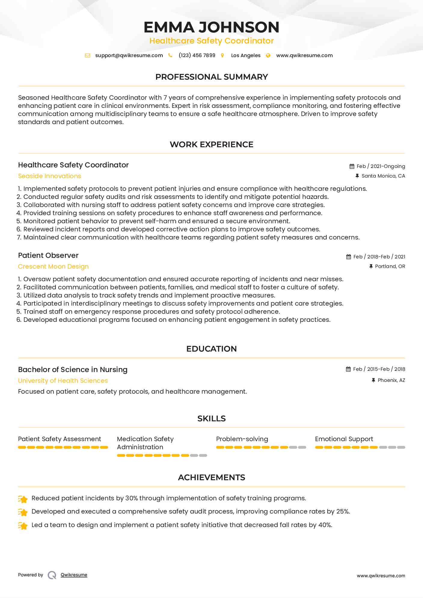 Healthcare Safety Coordinator Resume Model