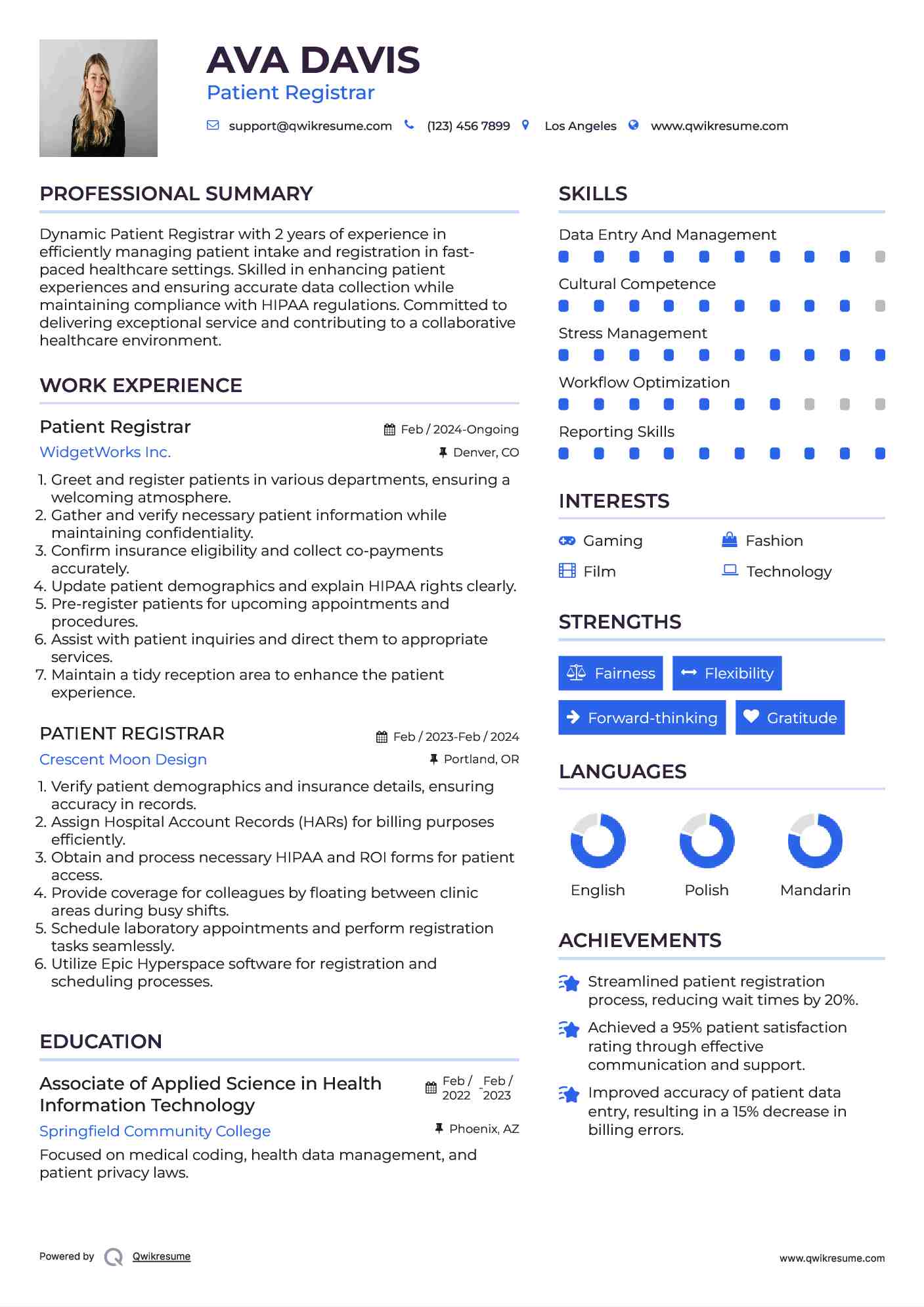 Patient Registrar Resume Format