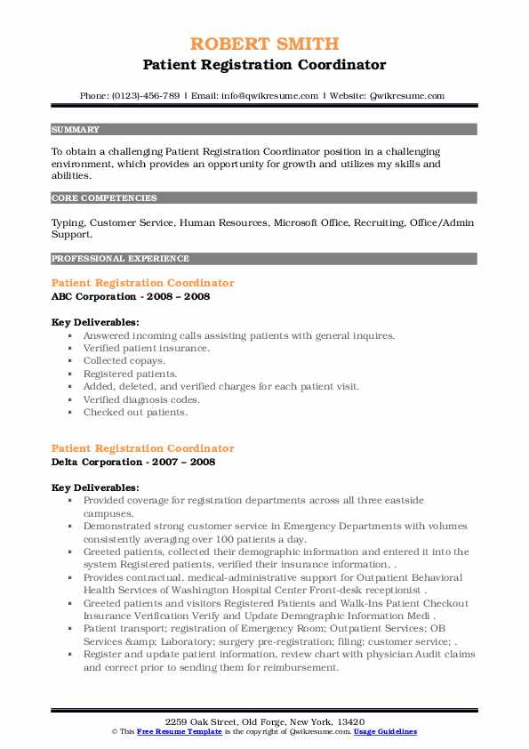 Patient Registration Coordinator Resume Samples QwikResume