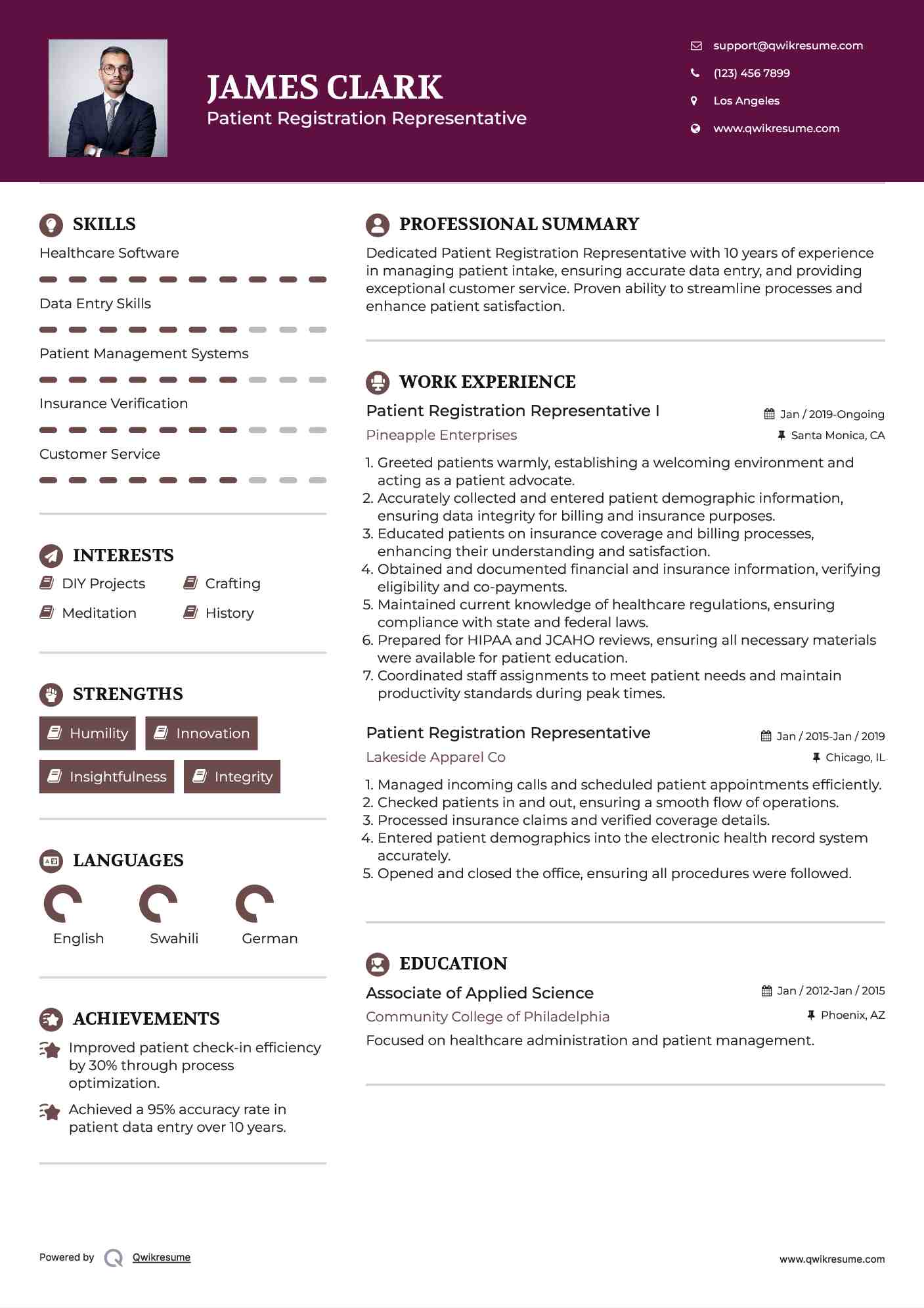 Patient Registration Representative I Resume Template