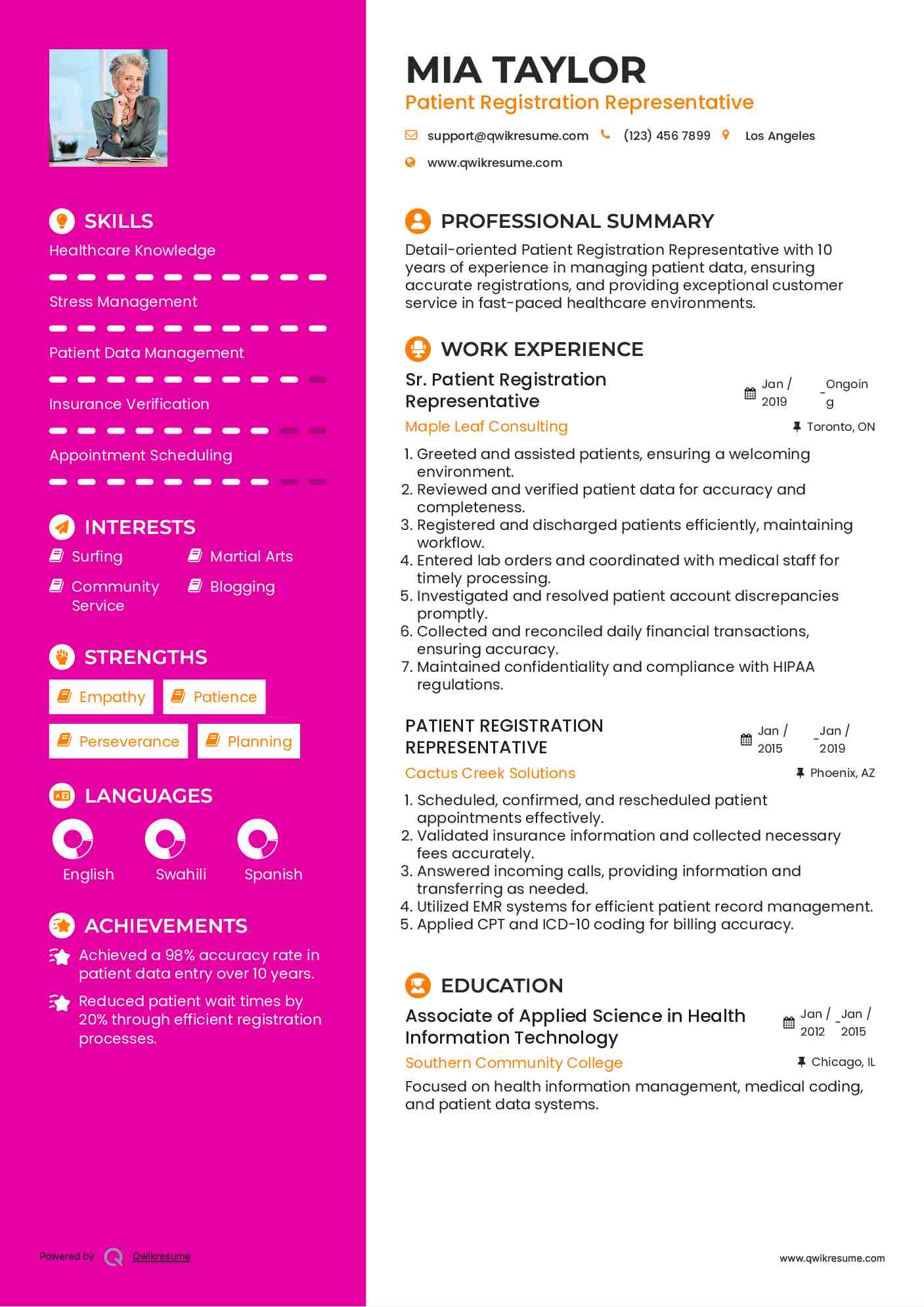 Sr. Patient Registration Representative Resume Example