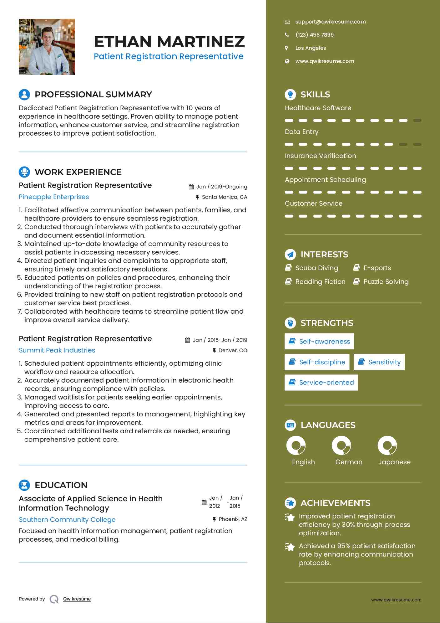 Patient Registration Representative Resume Template