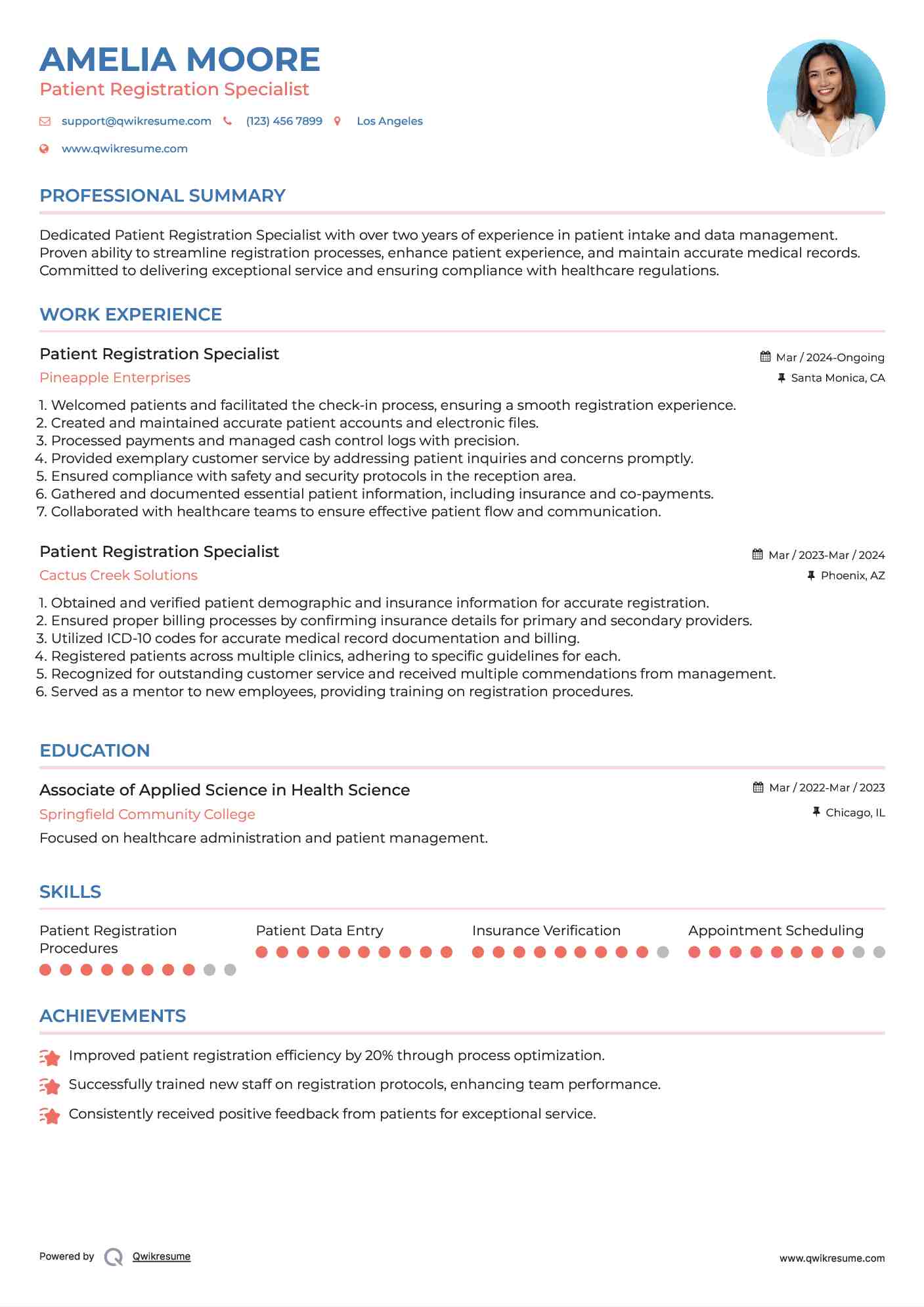 Patient Registration Specialist Resume Sample