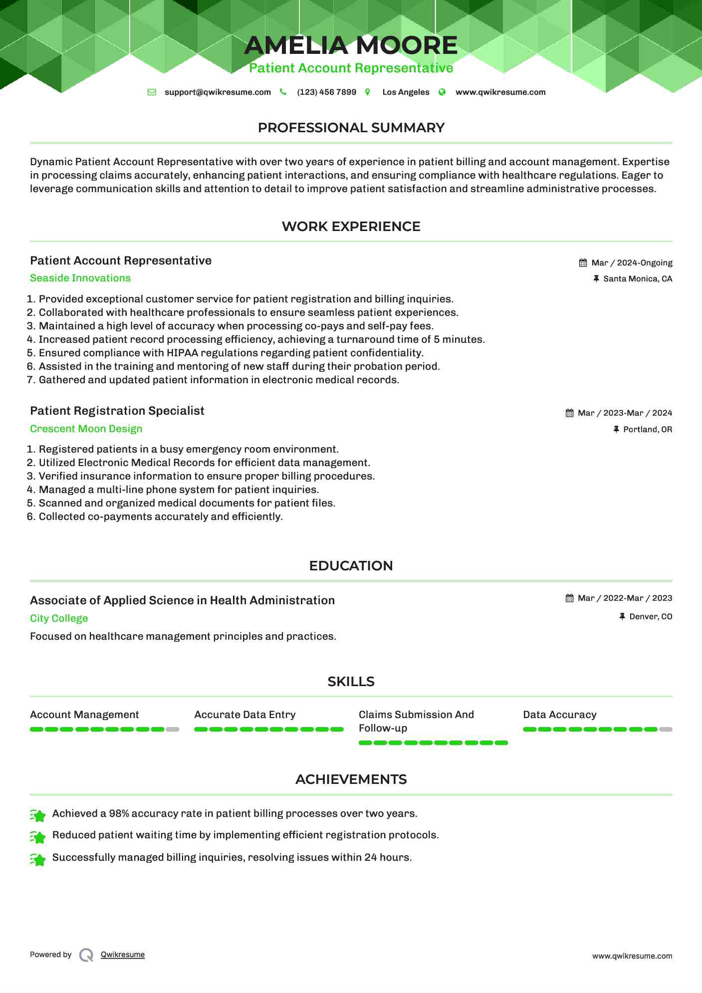 Patient Account Representative Resume Model