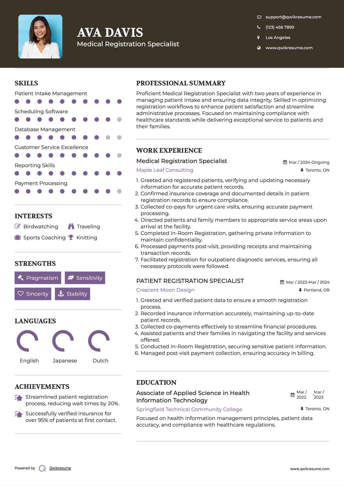 Medical Registration Specialist Resume Model