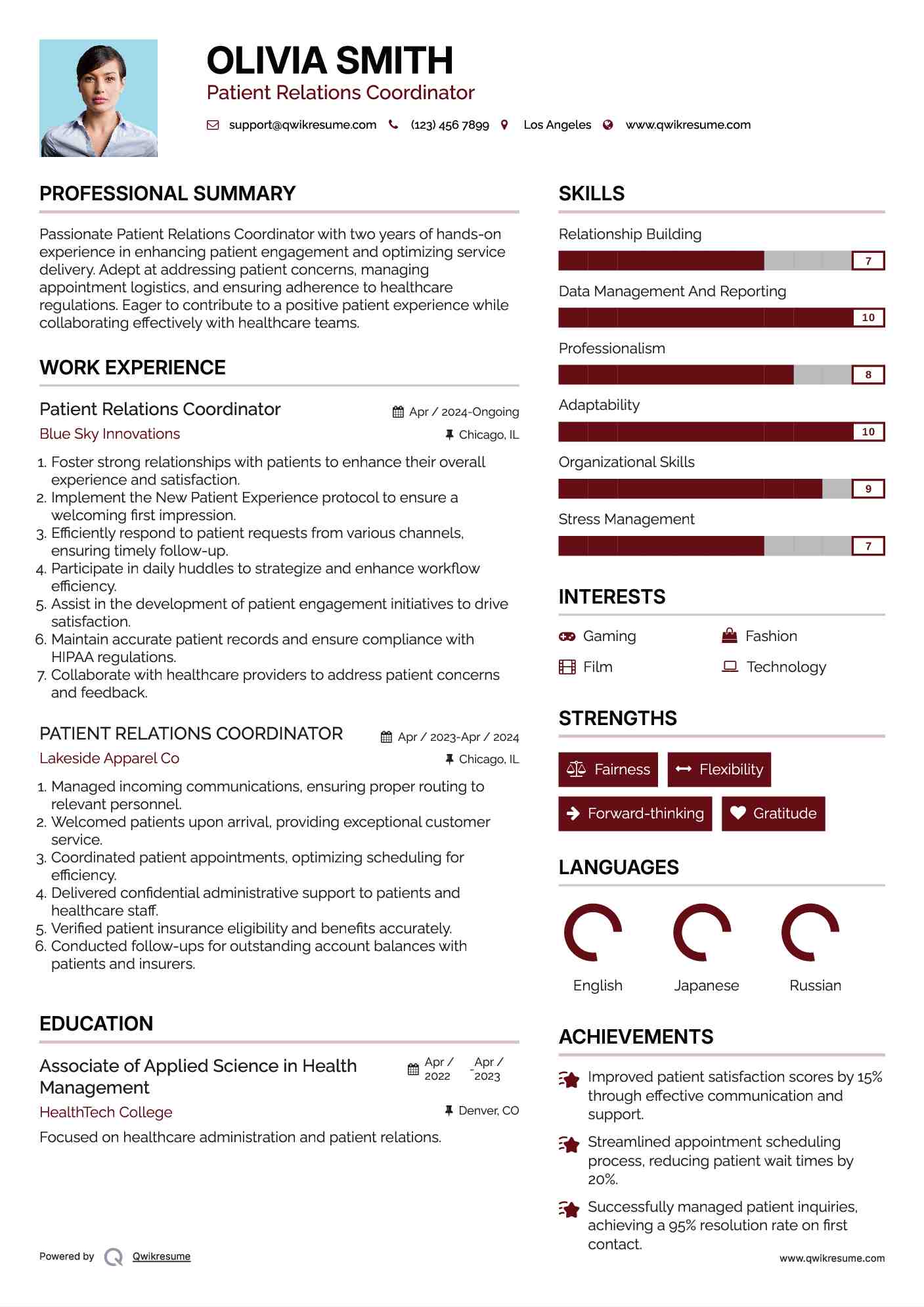 Patient Relations Coordinator Resume Format