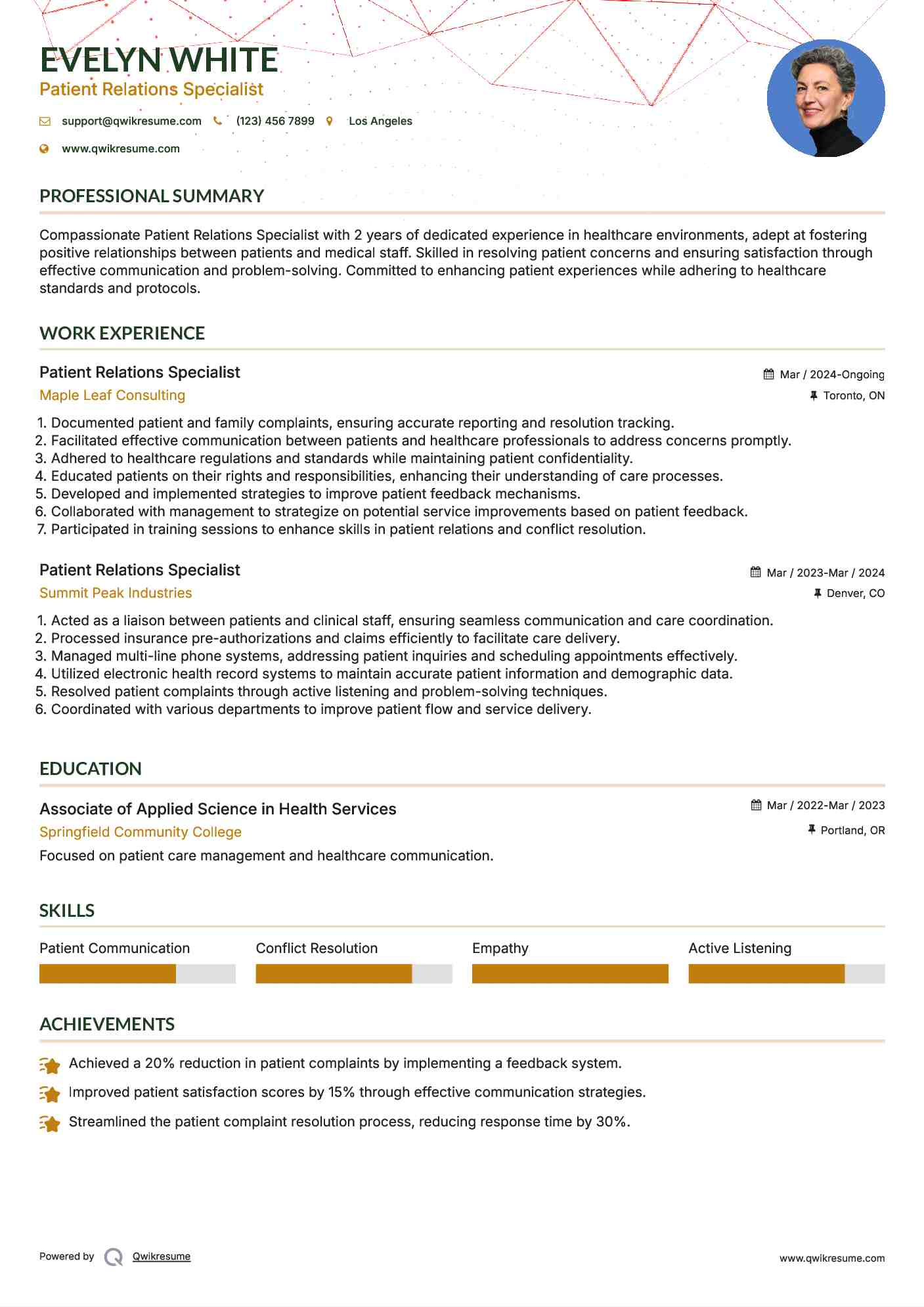 Patient Relations Specialist Resume Example
