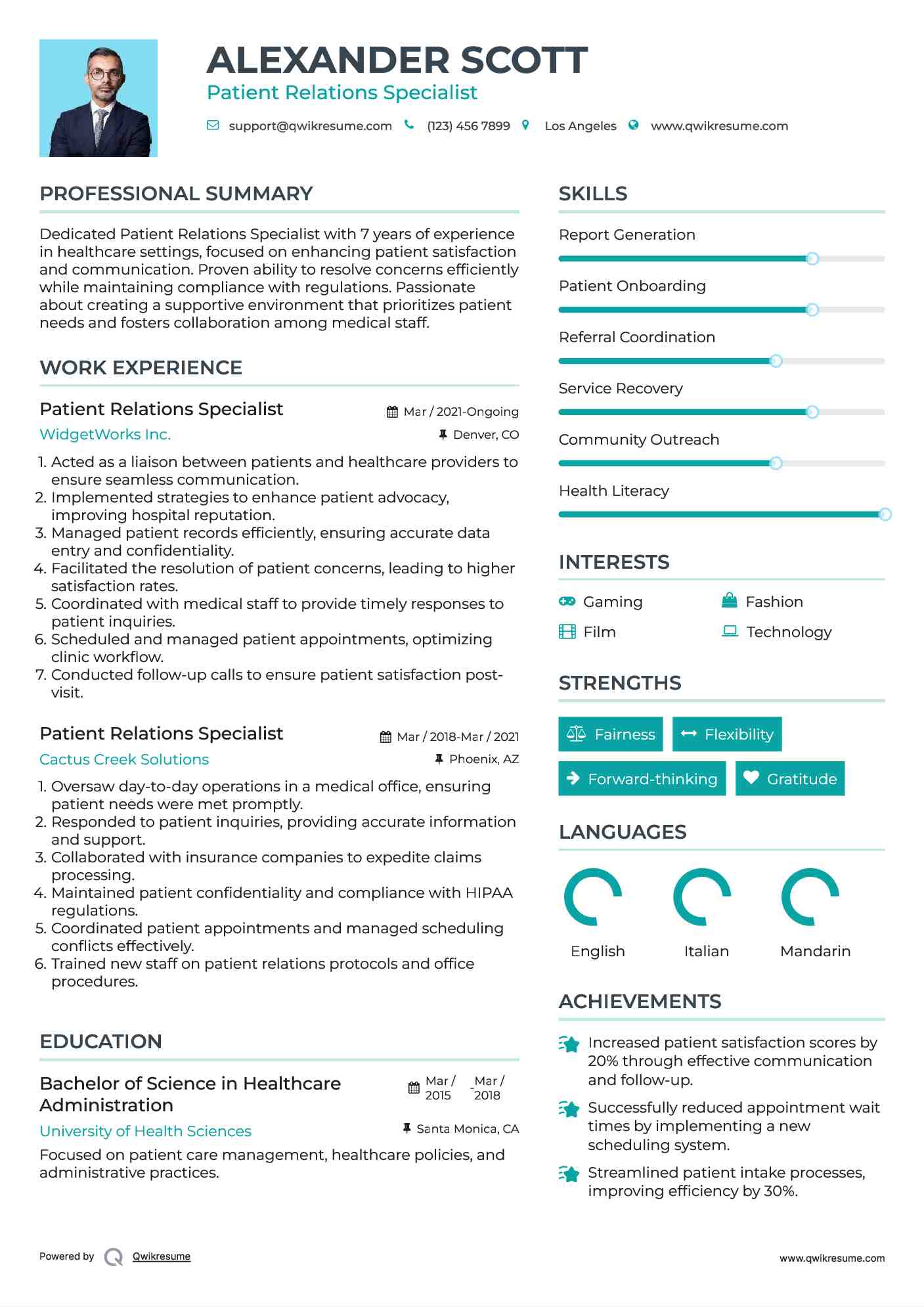 Patient Relations Specialist Resume Example