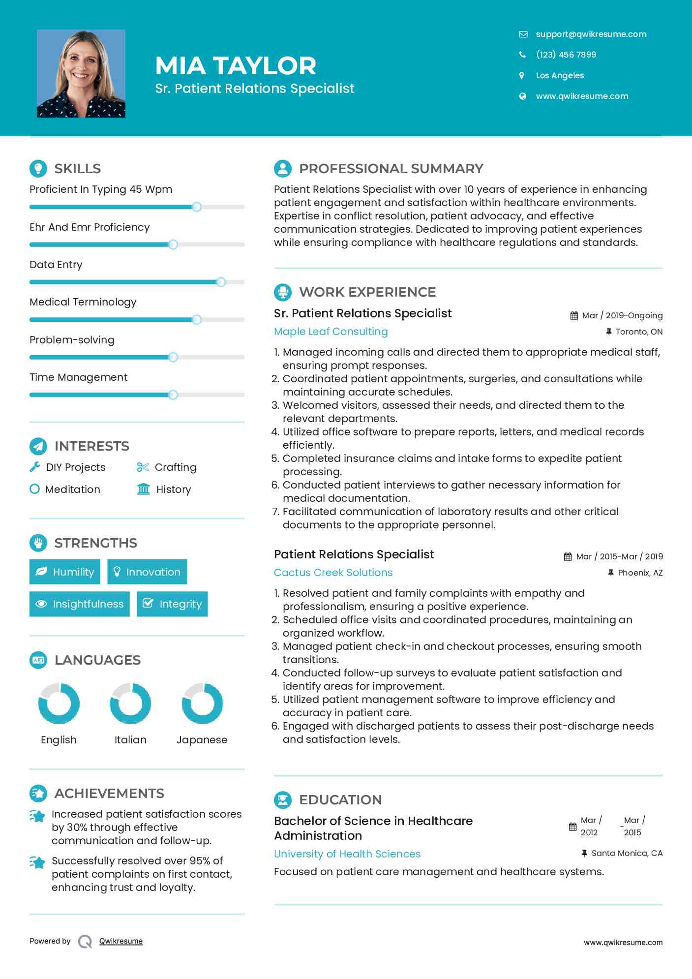 Sr. Patient Relations Specialist
 Resume Example