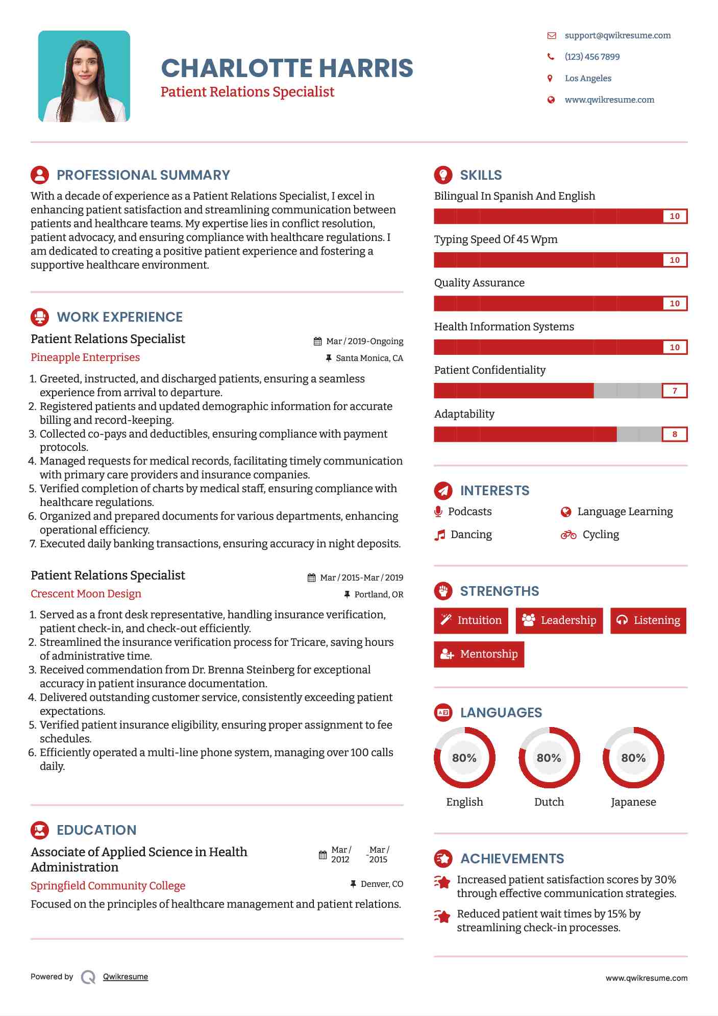 Patient Relations Specialist Resume Example