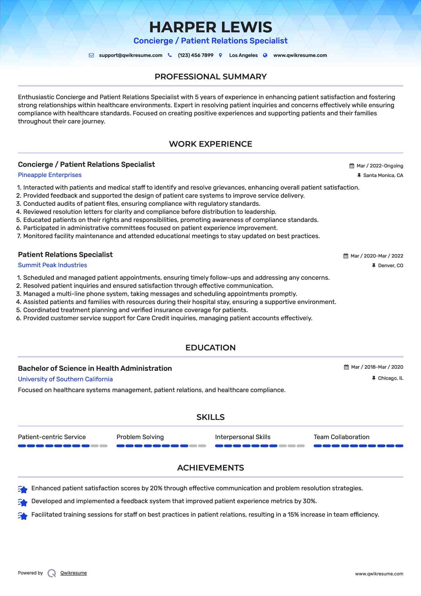 Concierge / Patient Relations Specialist
 Resume Model