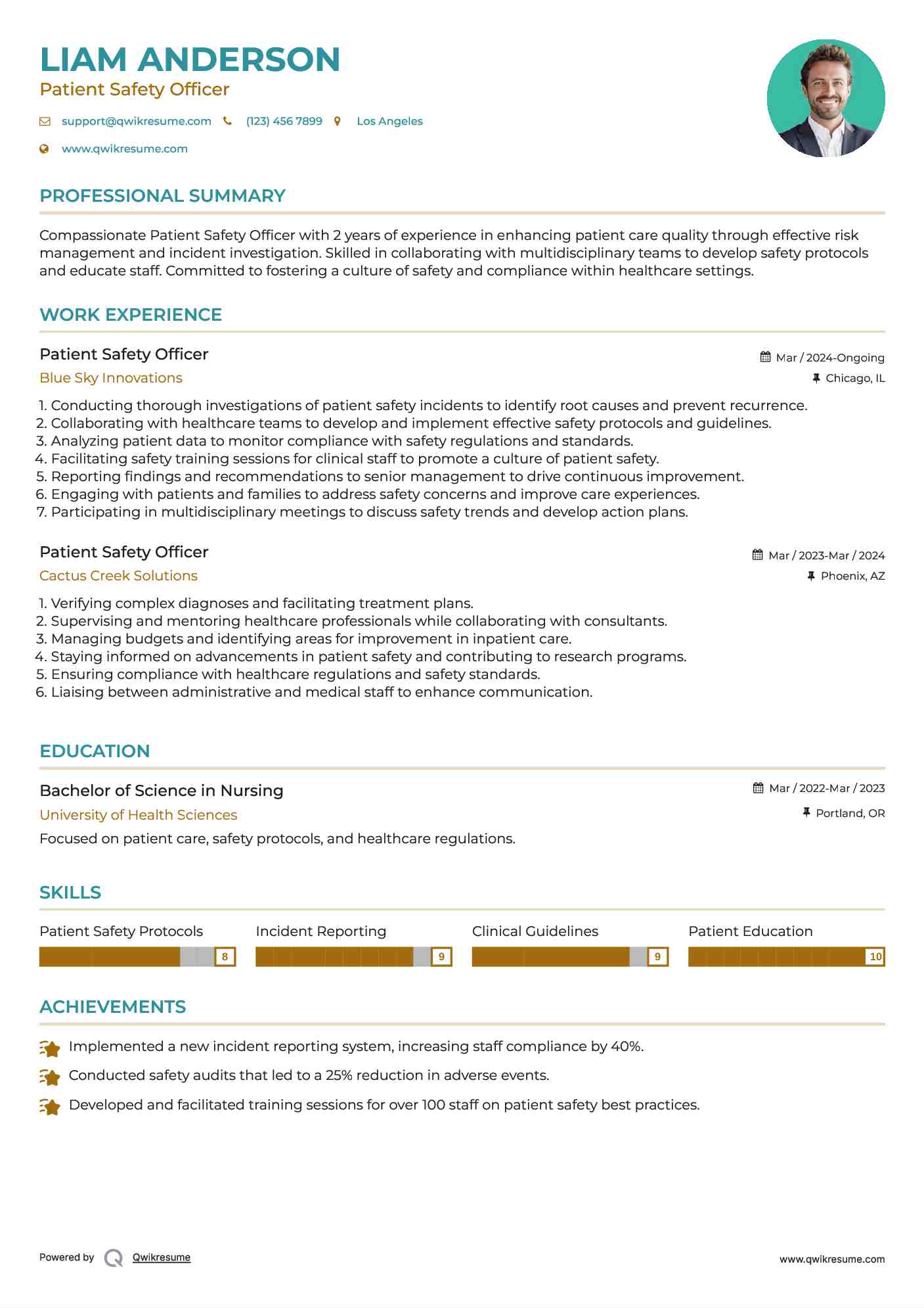 Patient Safety Officer Resume Example