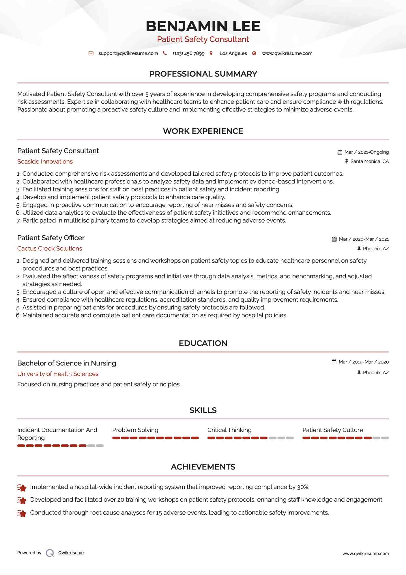 Patient Safety Consultant Resume Model