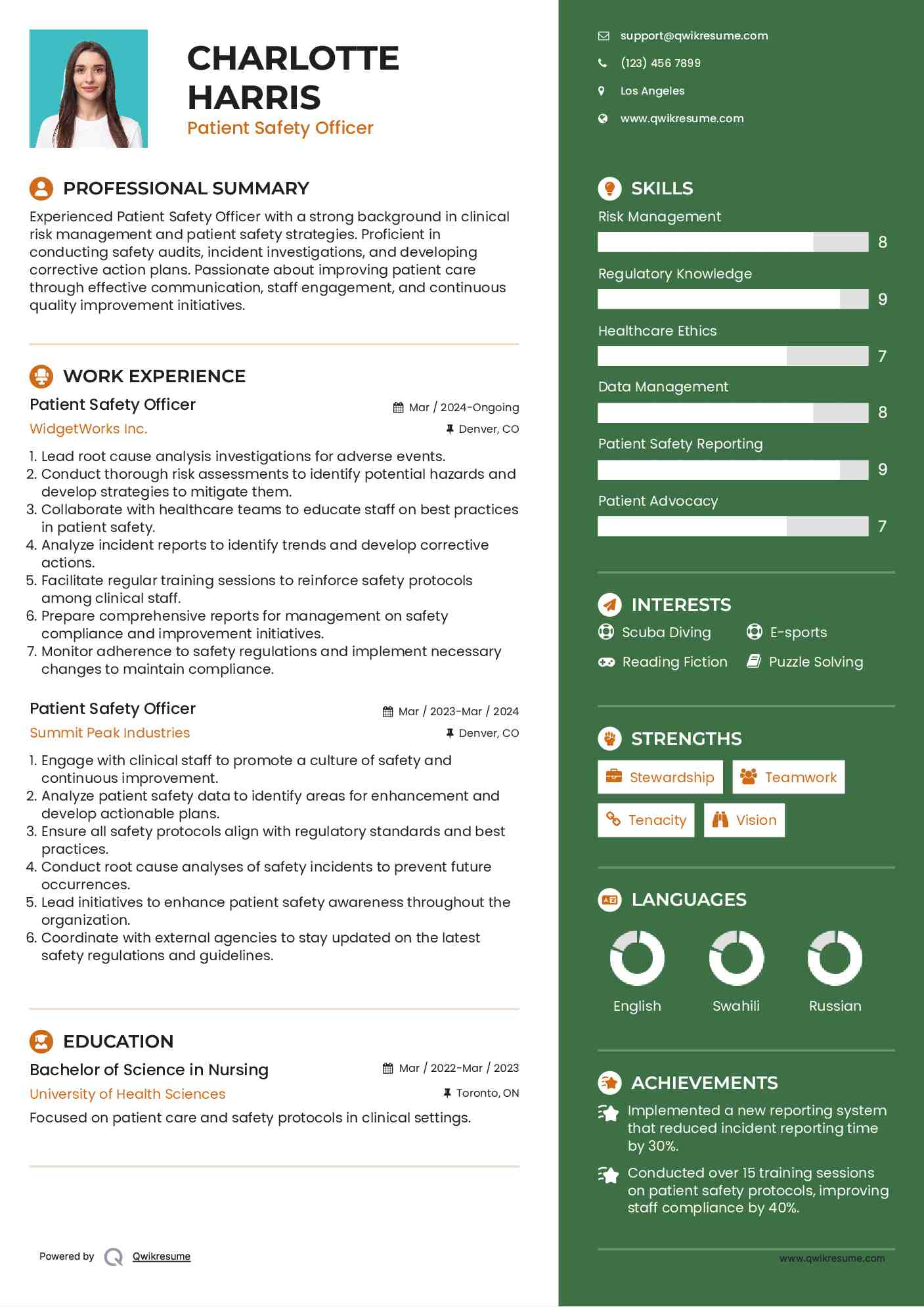 Patient Safety Officer Resume Model