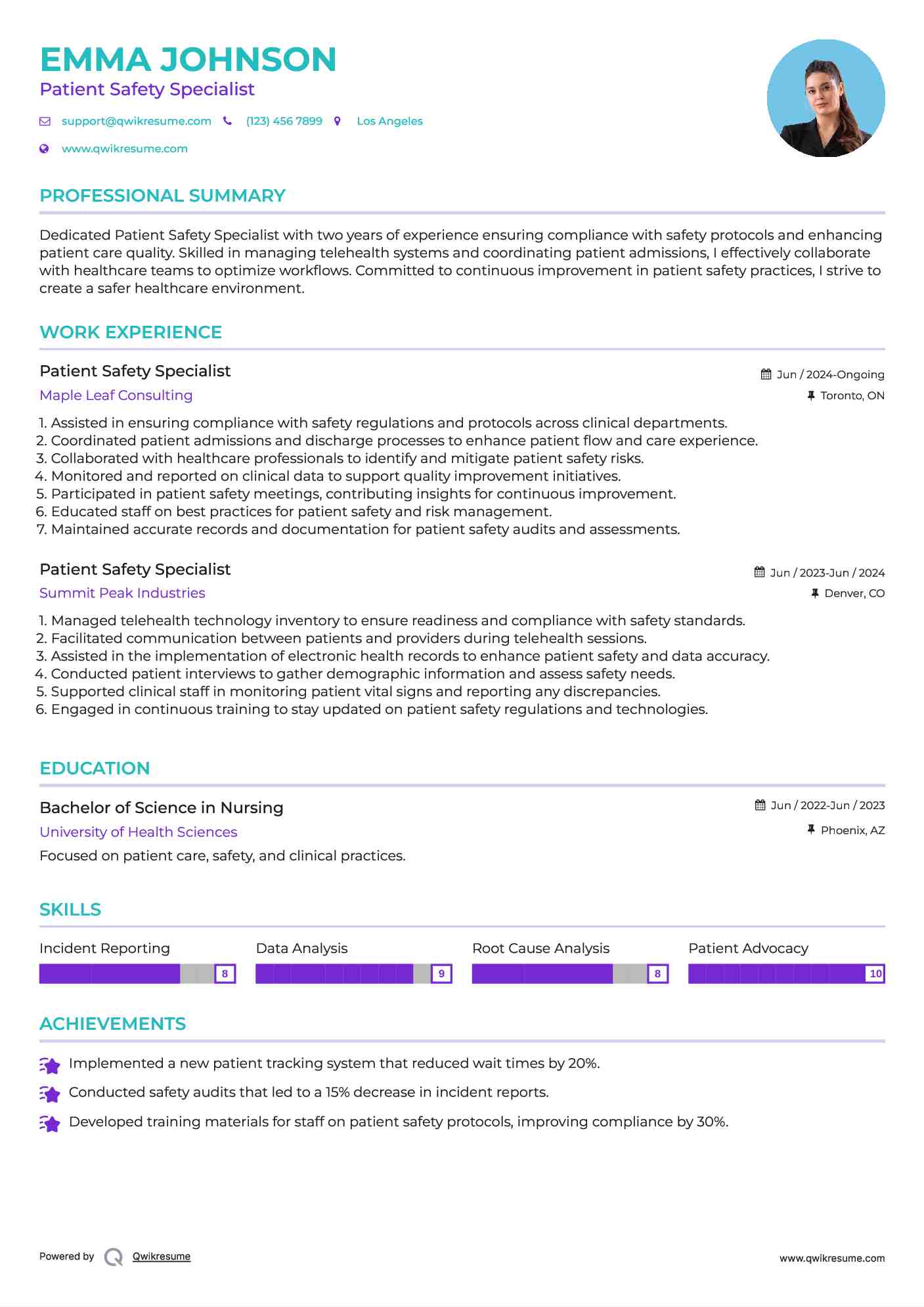 Patient Safety Specialist Resume Template