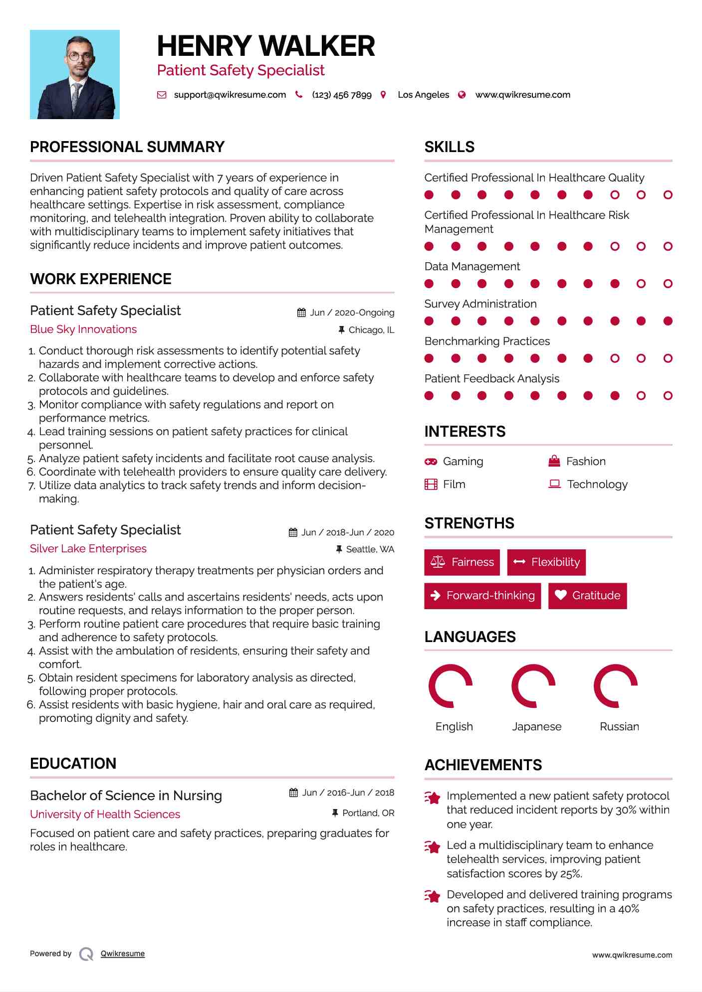 Patient Safety Specialist Resume Sample