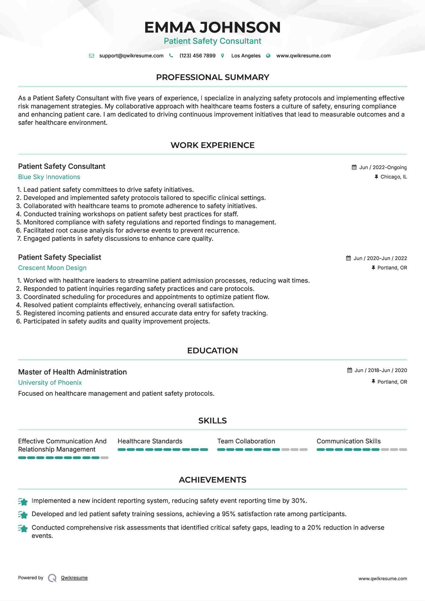 Patient Safety Consultant Resume Sample