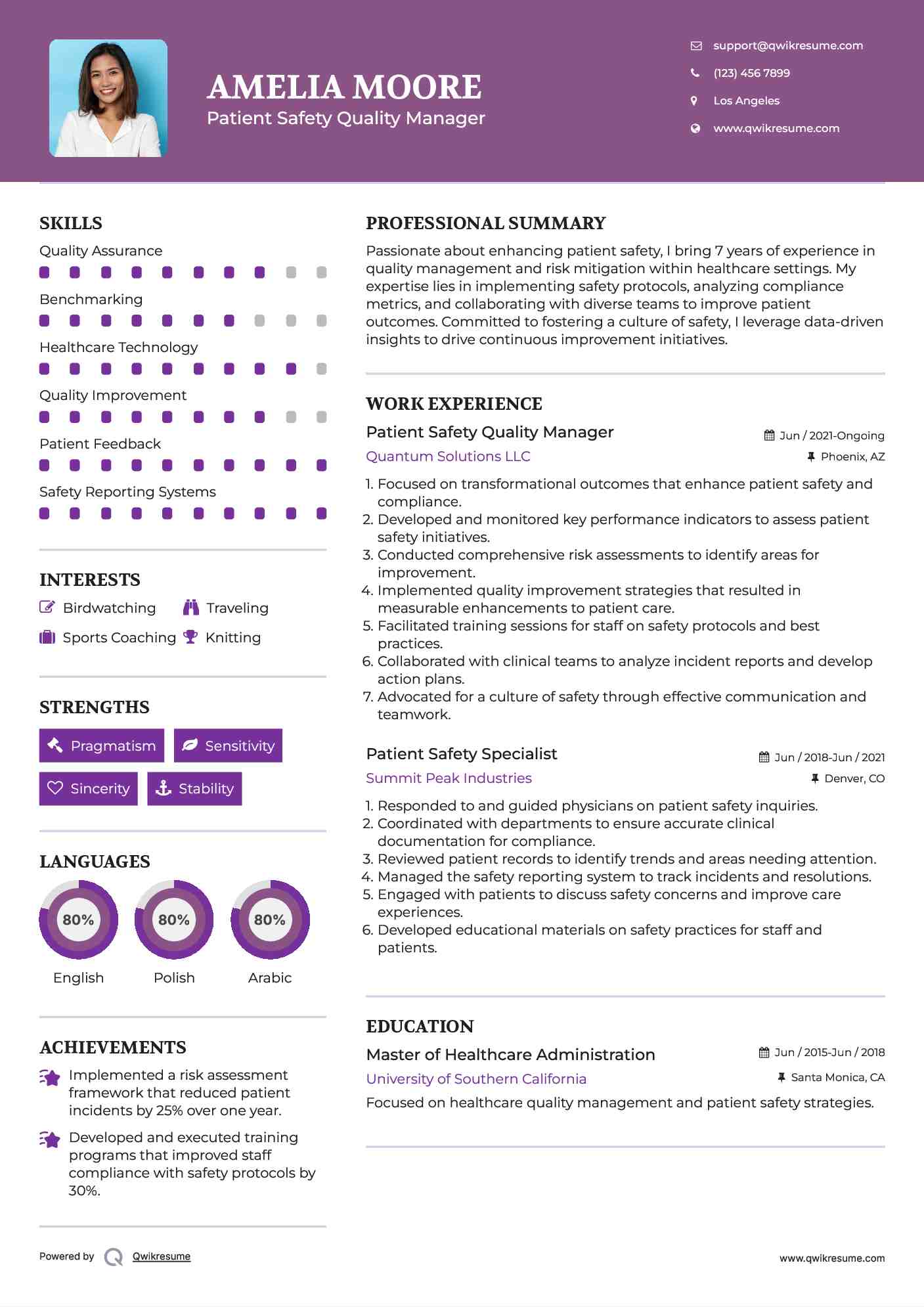 Patient Safety Quality Manager Resume Example