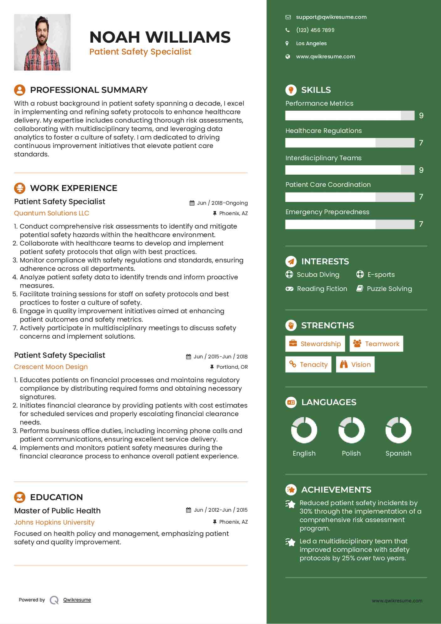 Patient Safety Specialist Resume Example
