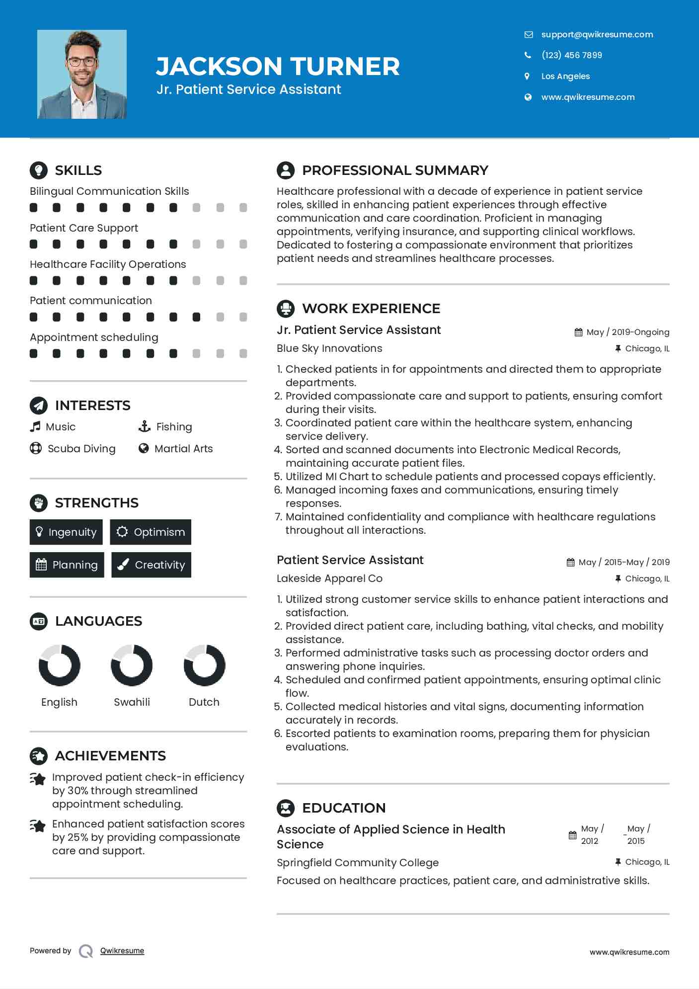 Jr. Patient Service Assistant Resume Model