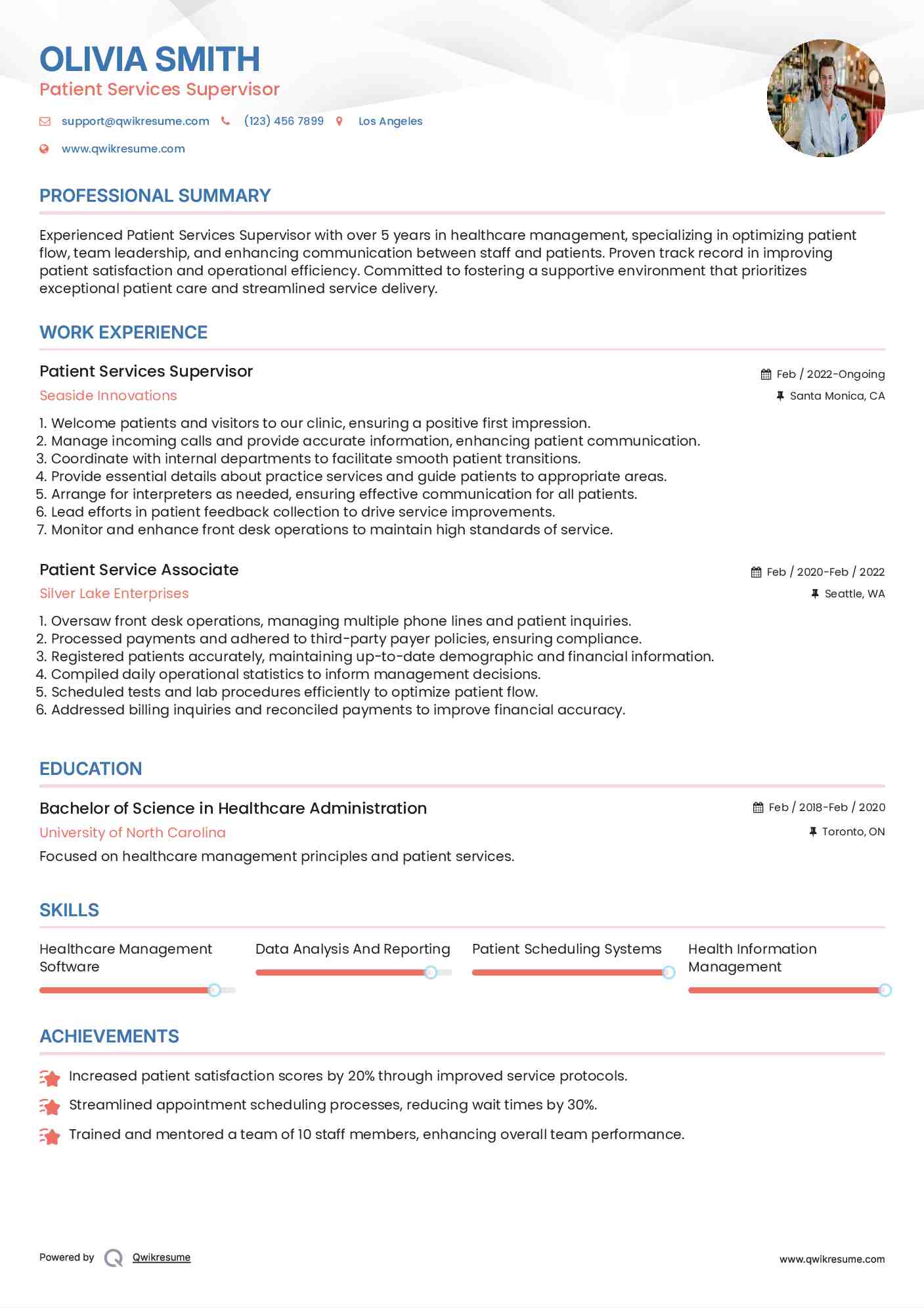 Patient Services Supervisor Resume Example
