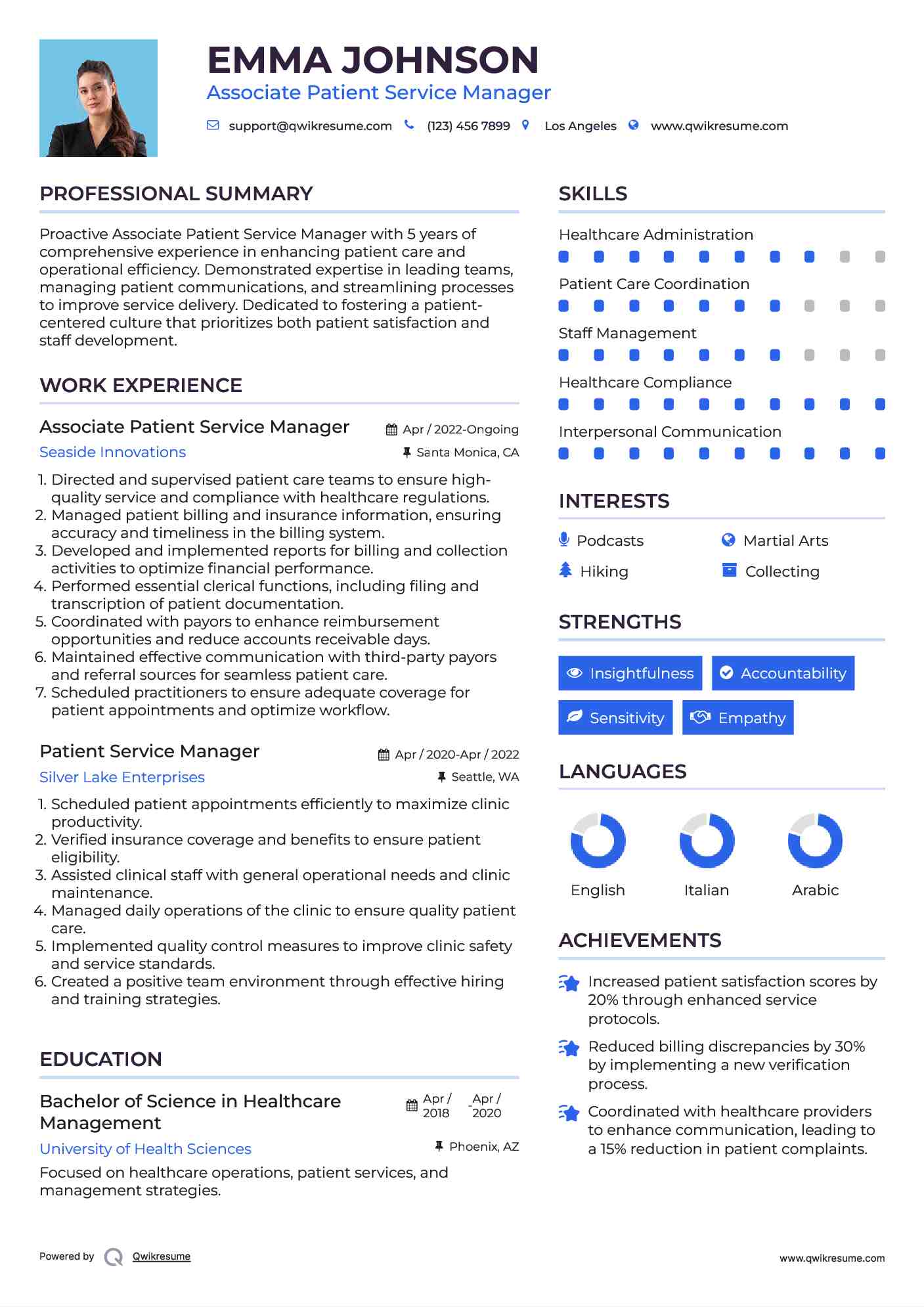 Associate Patient Service Manager Resume Format