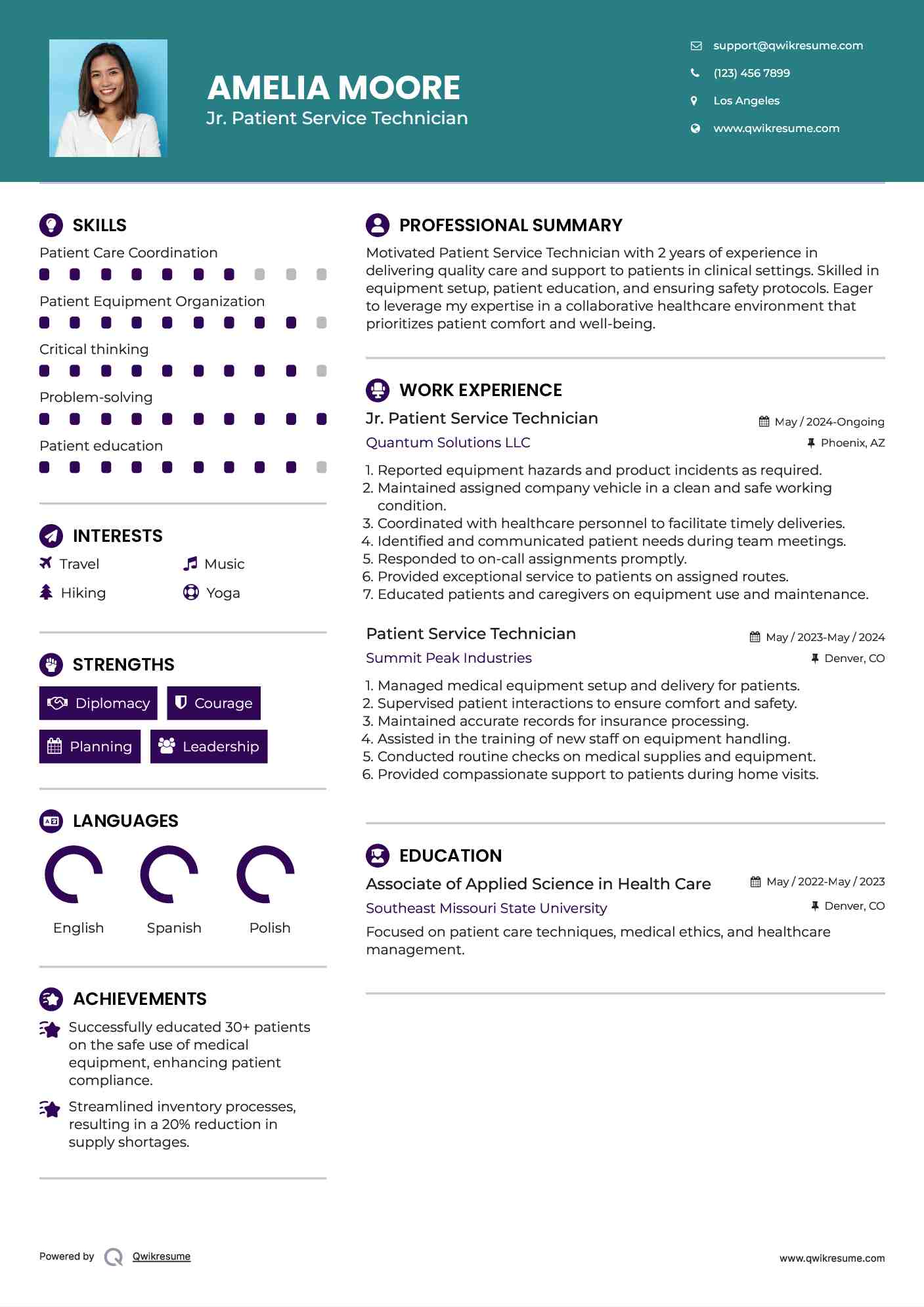 Jr. Patient Service Technician Resume Template