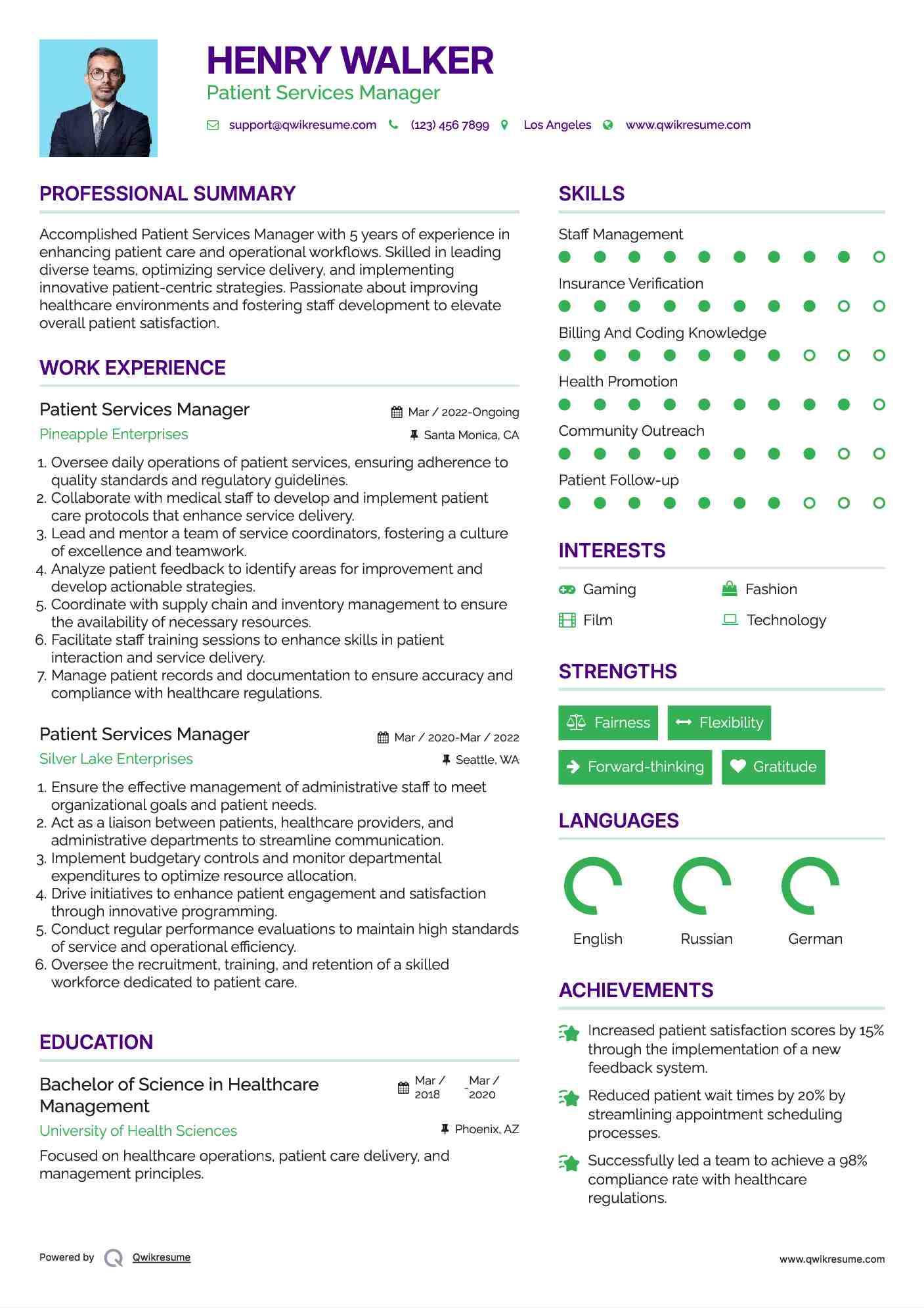 Patient Services Manager Resume Sample