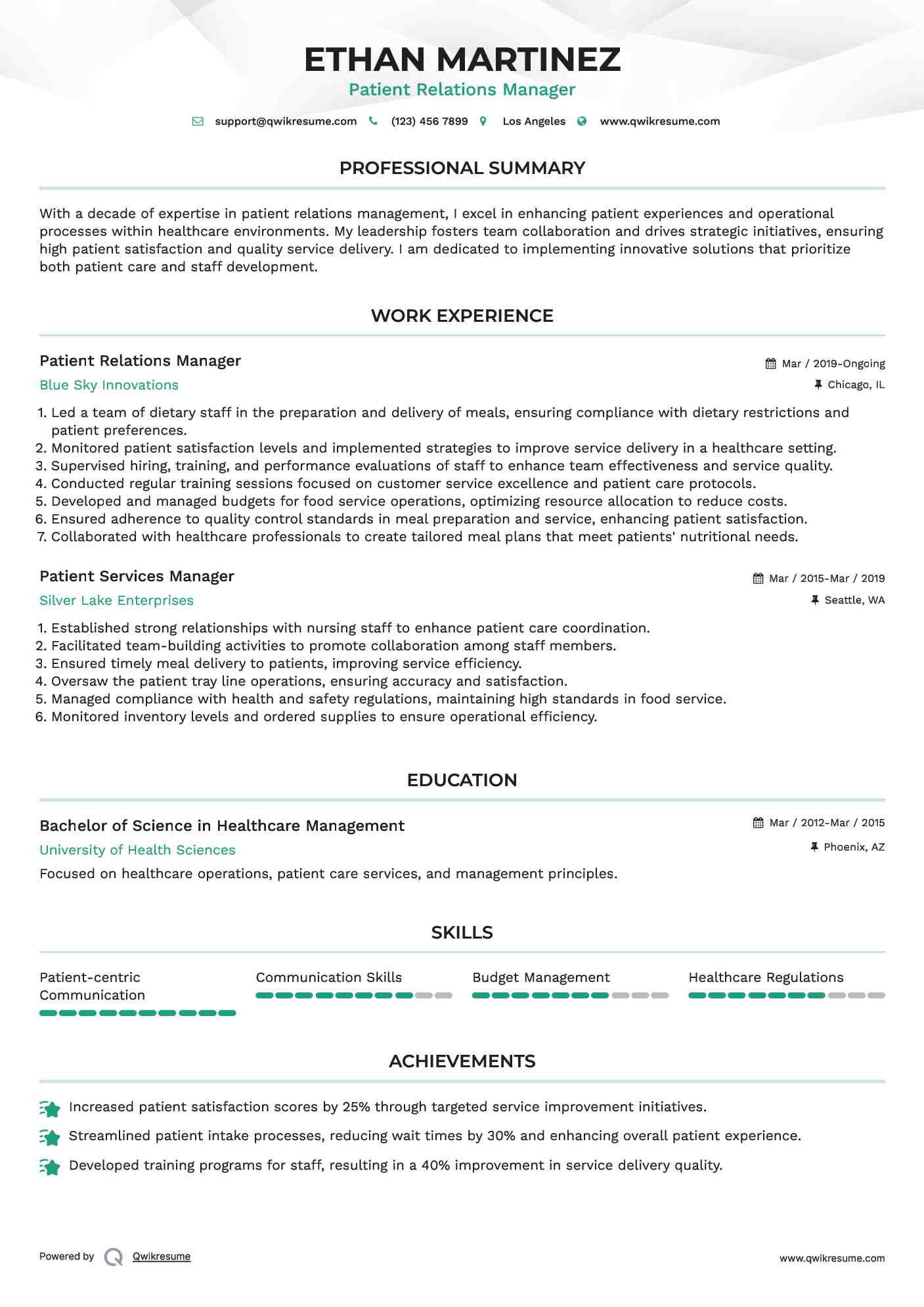 Patient Relations Manager Resume Format