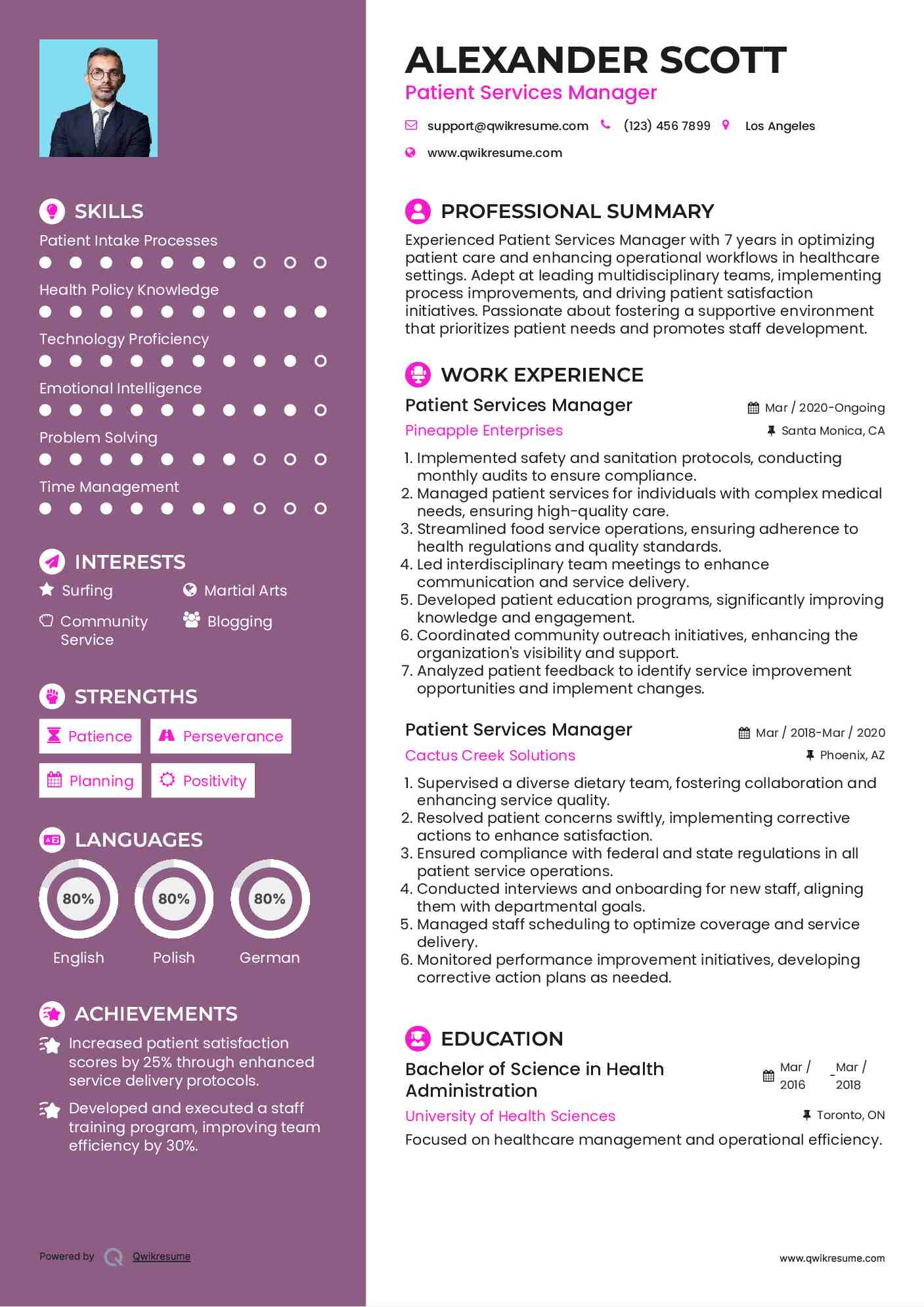 Patient Services Manager Resume Example