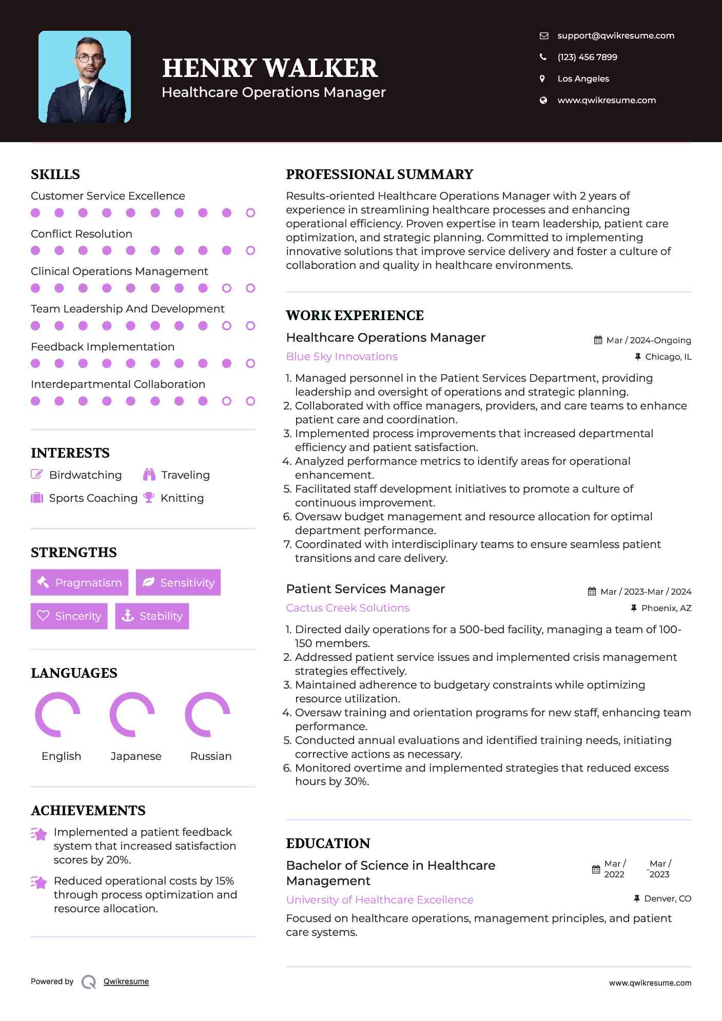 Healthcare Operations Manager Resume Template