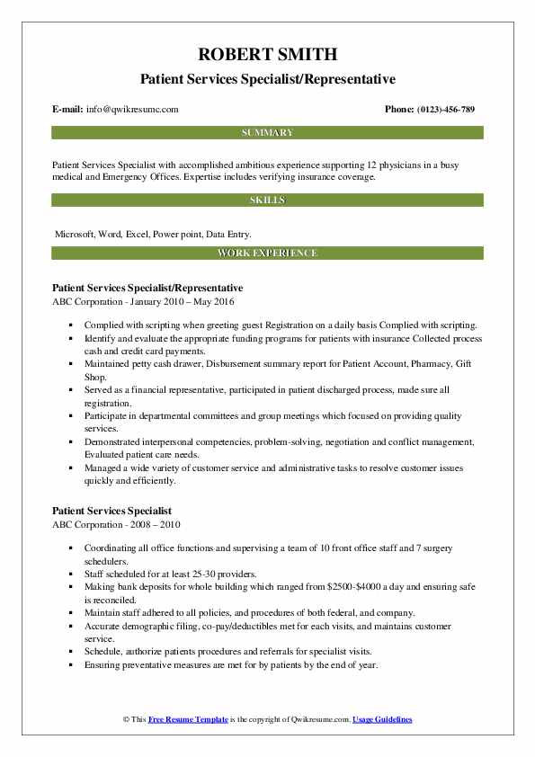 Patient Services Specialist Resume Samples QwikResume