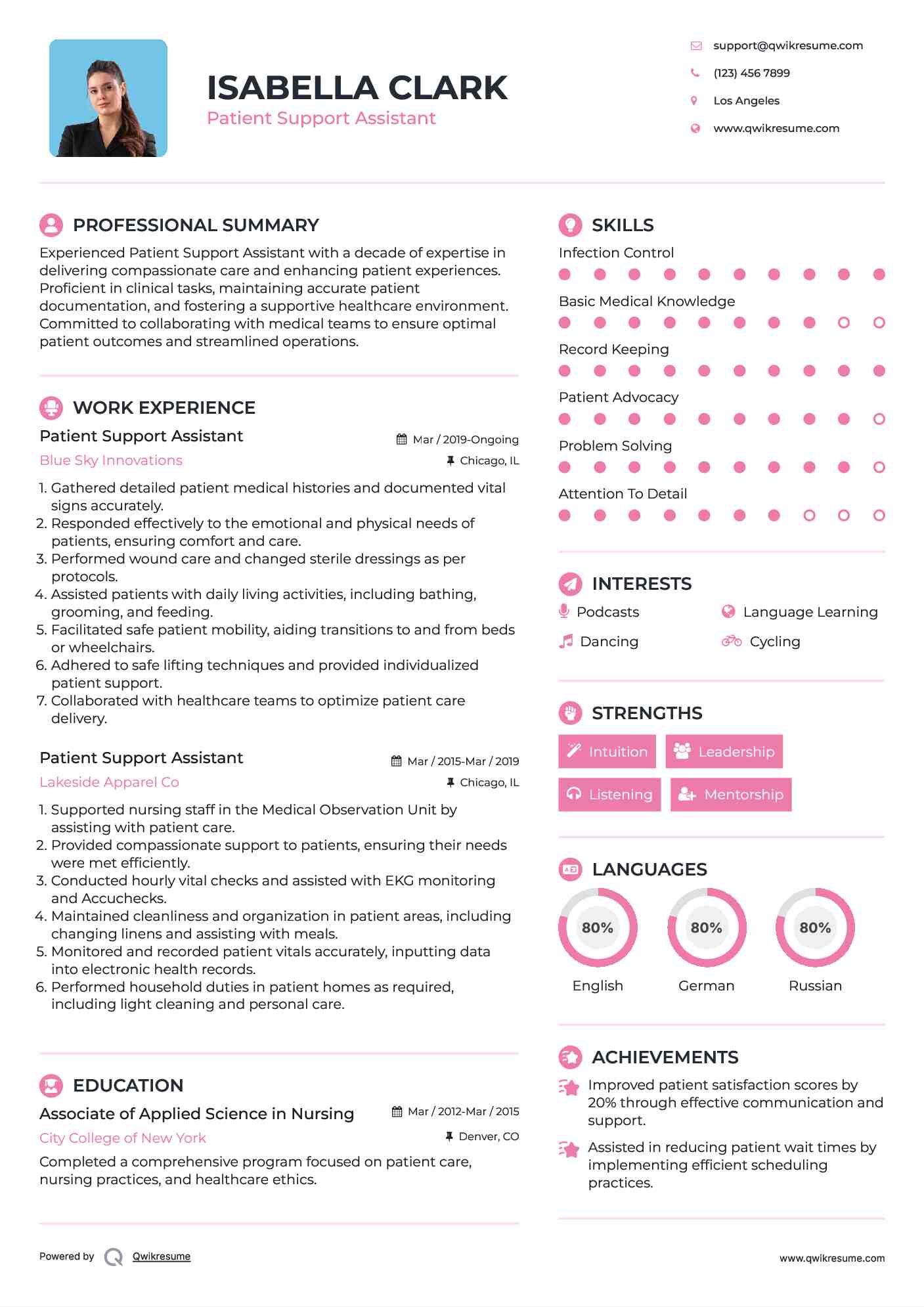 Patient Support Assistant Resume Sample