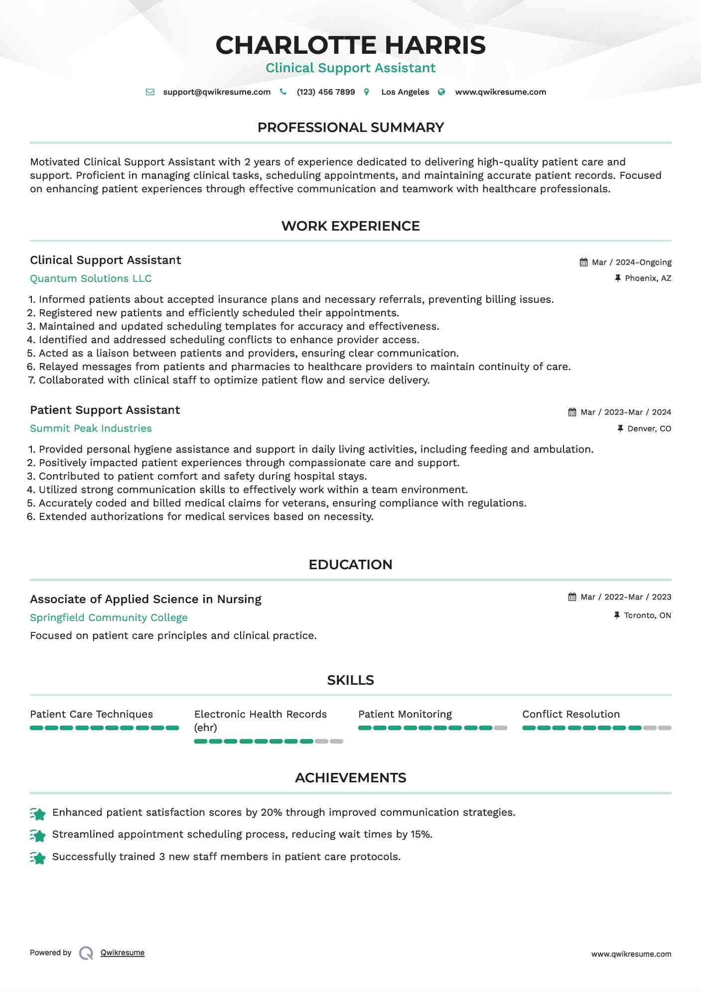 Clinical Support Assistant Resume Model