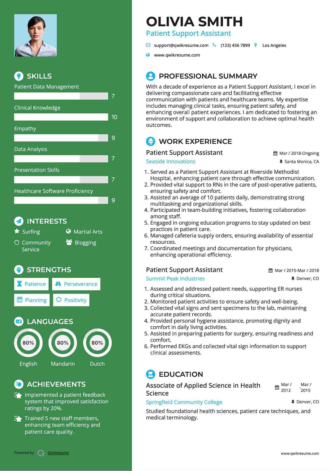 Patient Support Assistant Resume Sample