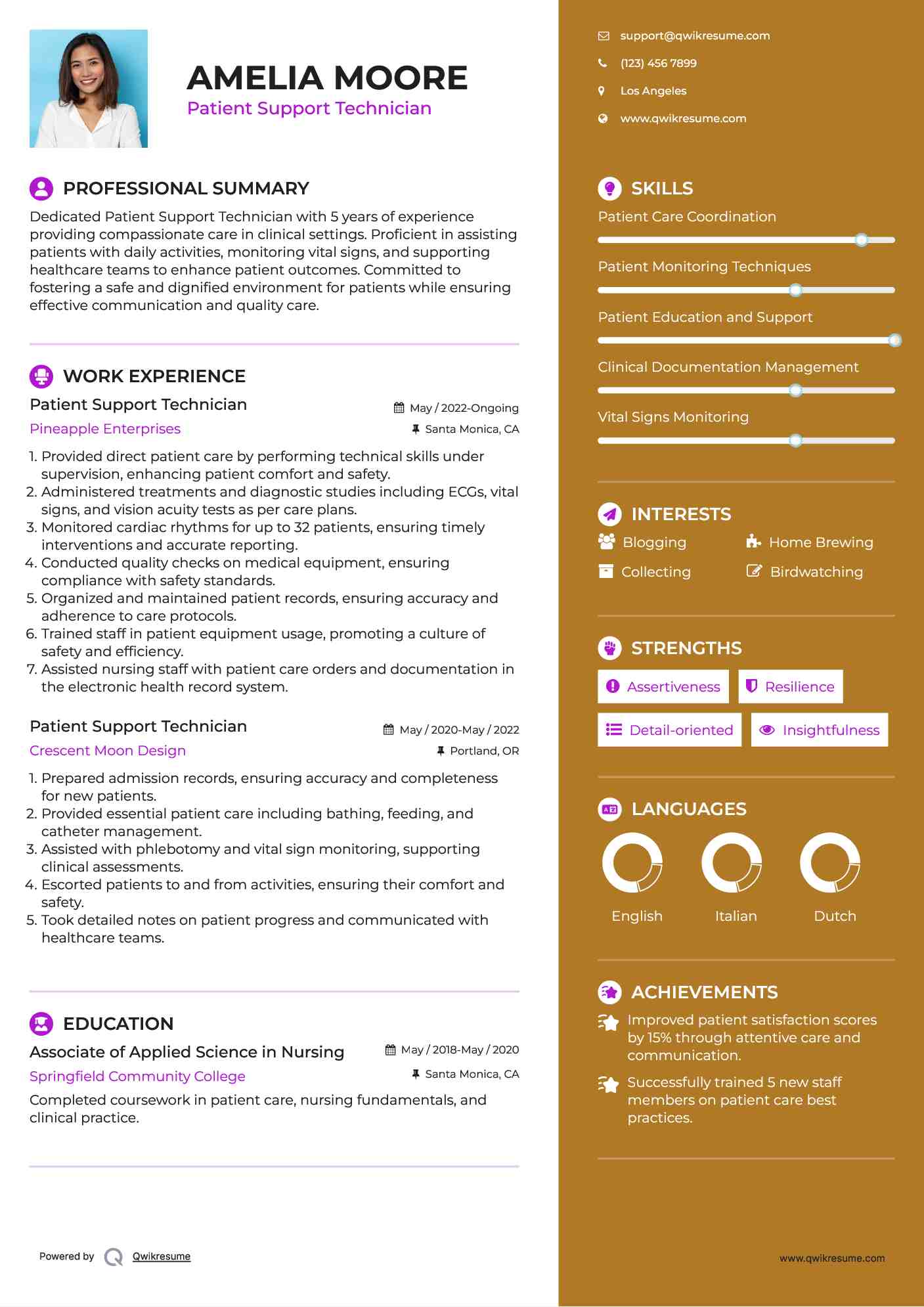 Patient Support Technician Resume Example