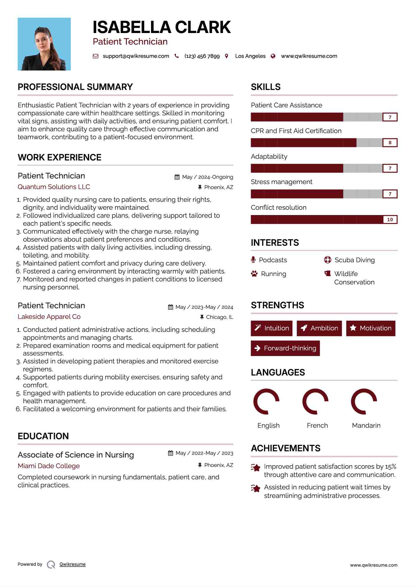Patient Technician Resume Example
