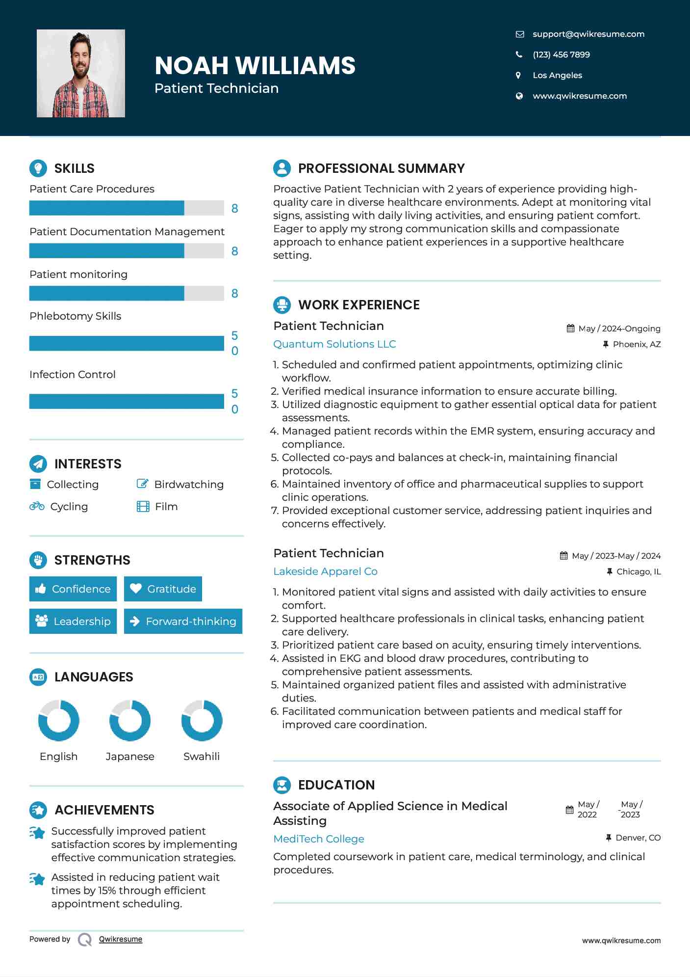 Patient Technician Resume Example