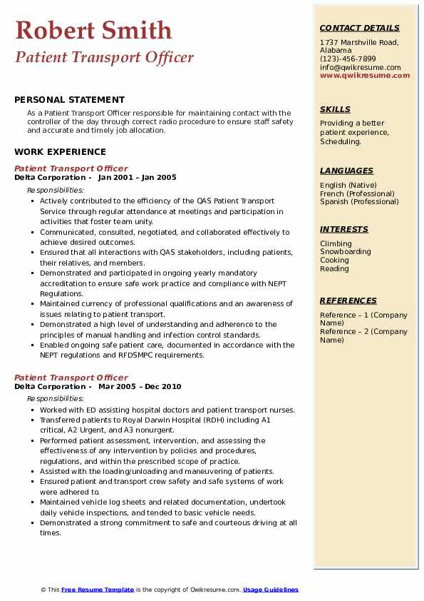 Patient Transport Officer Resume Samples QwikResume
