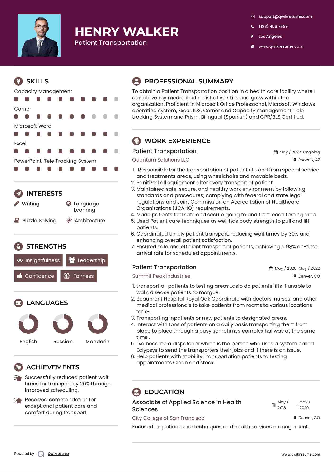 Patient Transportation Resume Sample