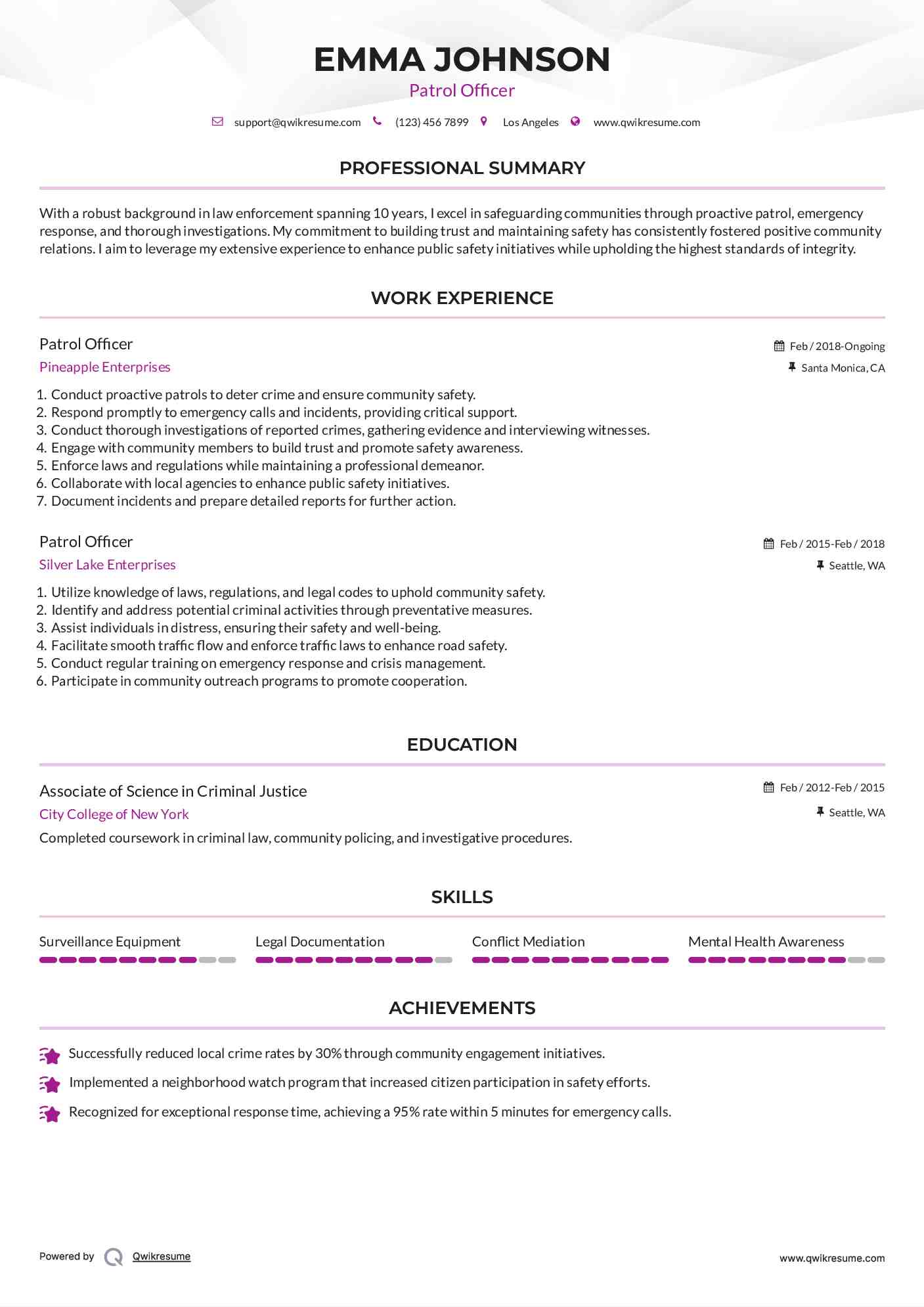 Patrol Officer Resume Format