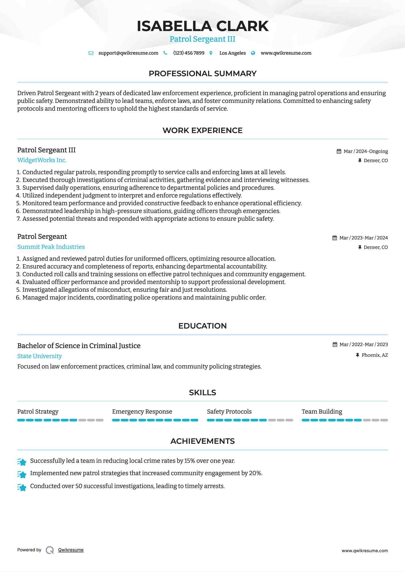 Patrol Sergeant III Resume Example